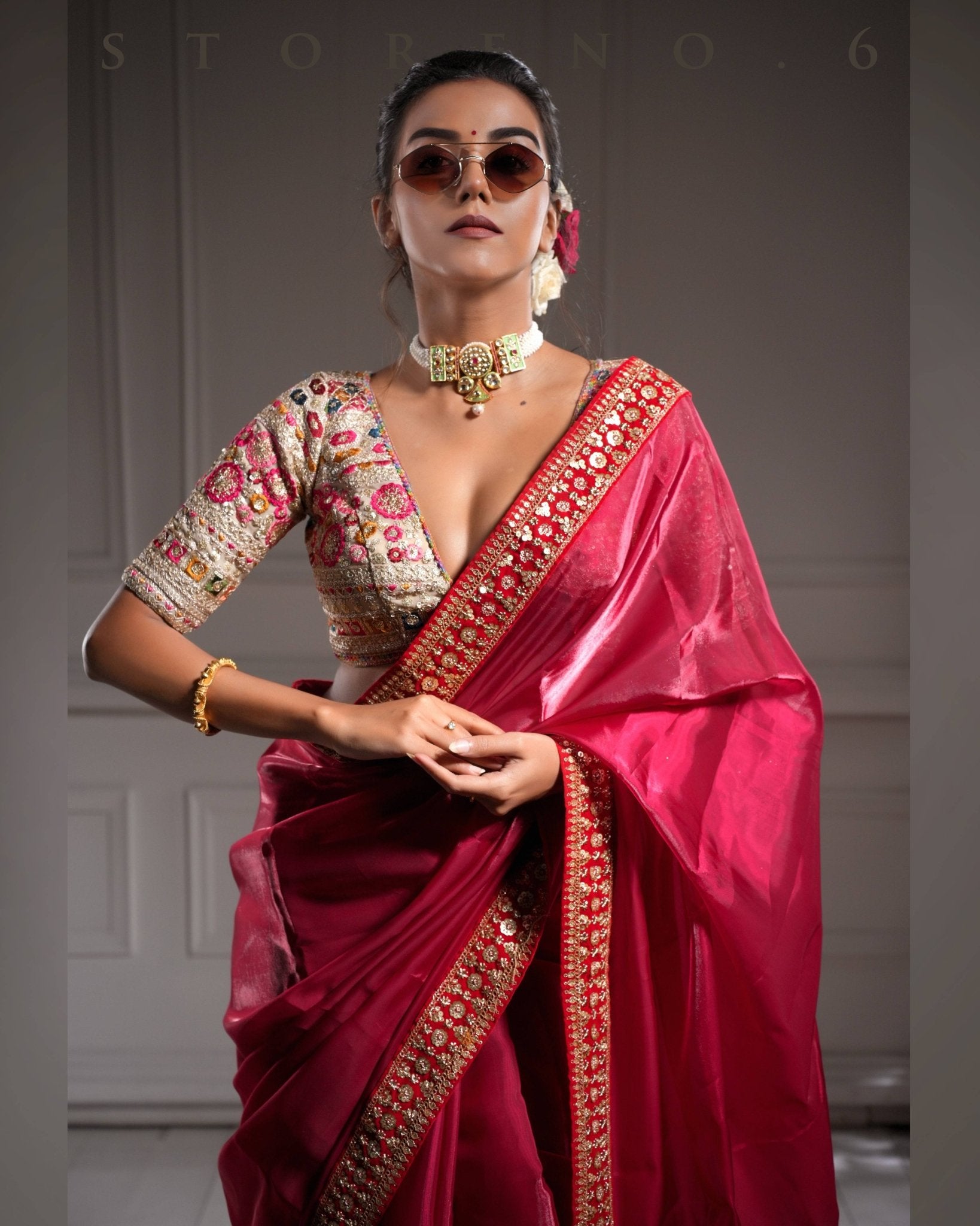 NOOR-E-SURKH SAREE WITH GUL KAARI SURMAI BLOUSE