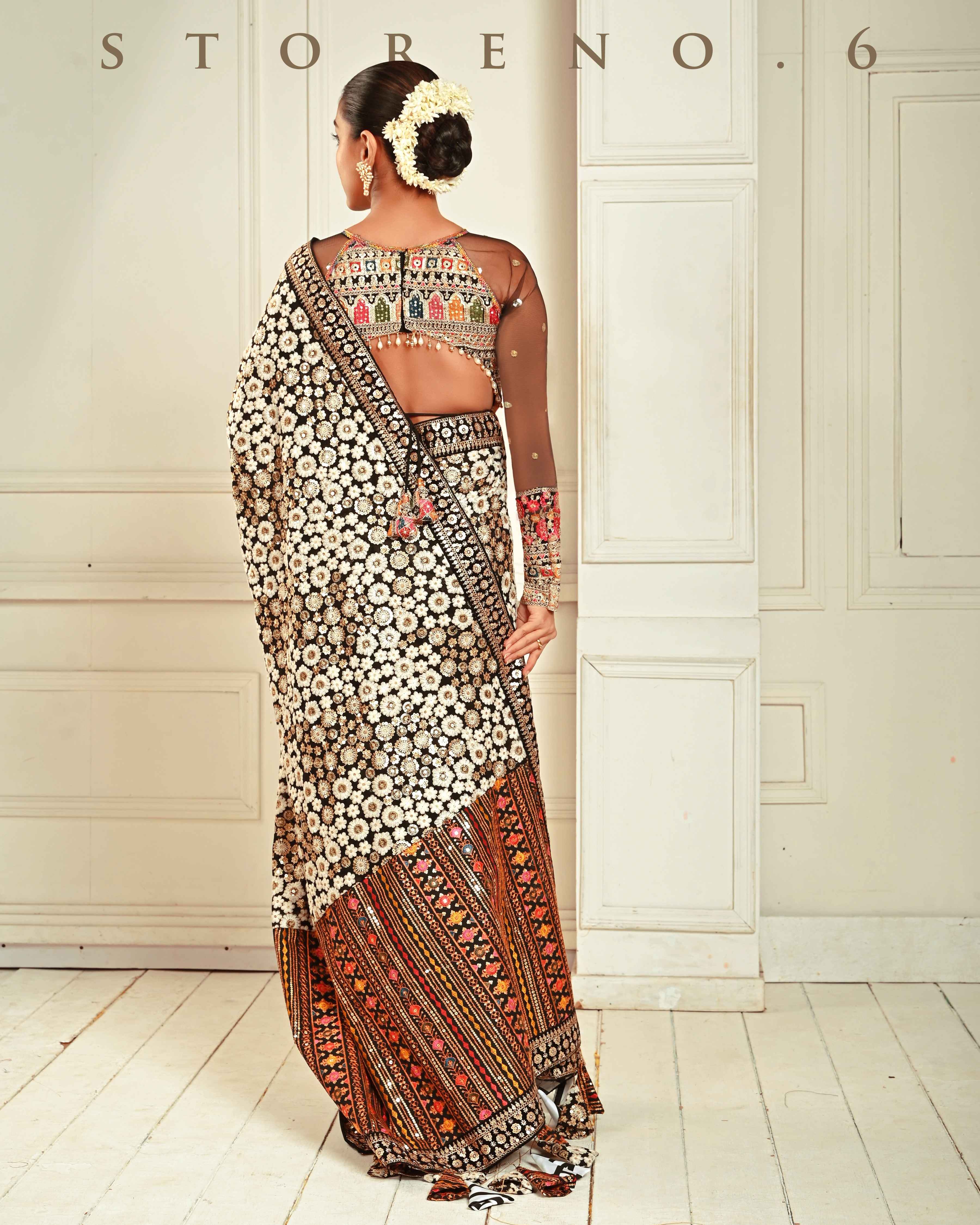 GRAPHIC GODDESS SAREE WITH GUL KAARI SIAH MELANGE BLOUSE