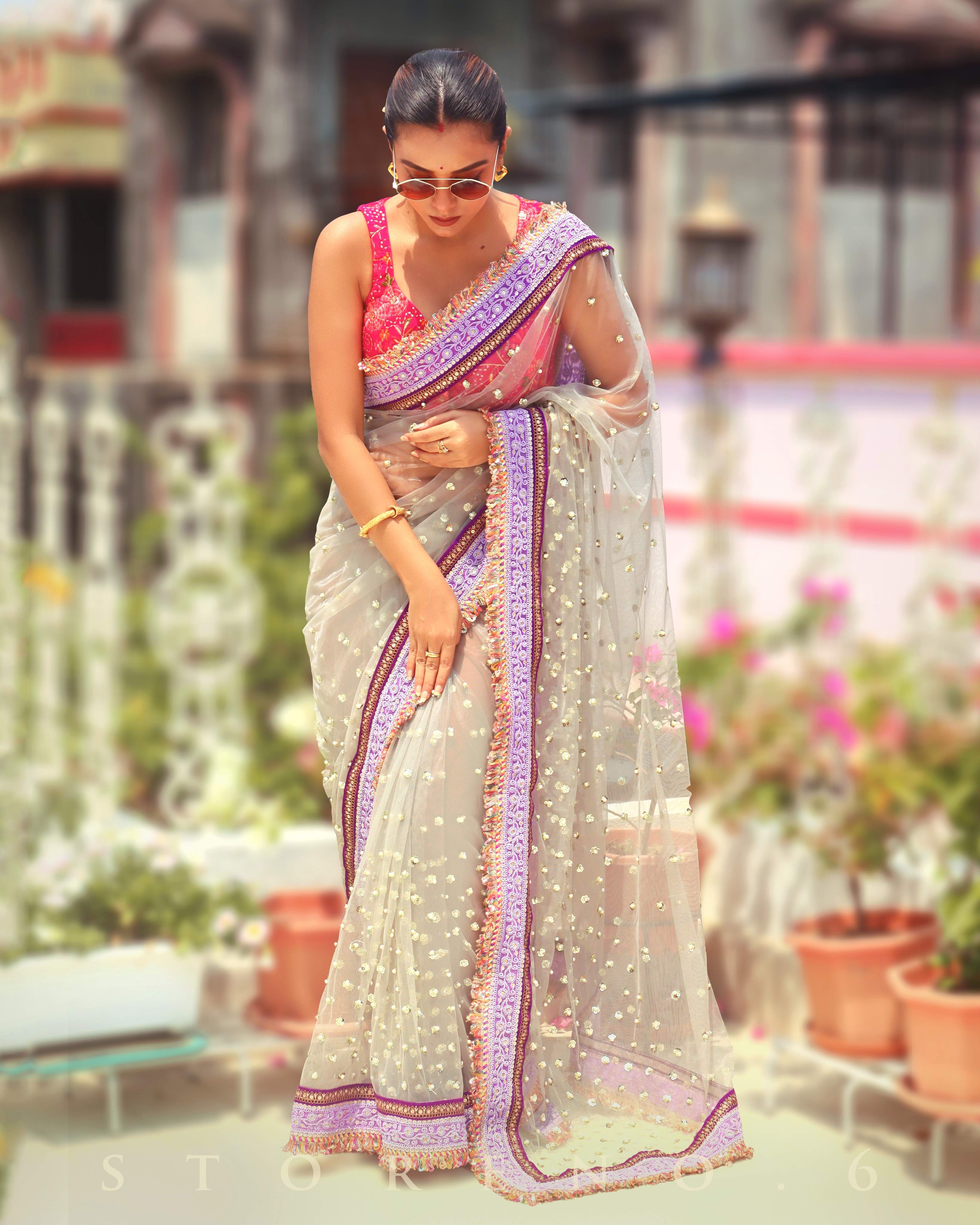 OCTOBER OOMPH SAREE WITH BARBIE BLUSH JEWEL SLEEVELESS BLOUSE