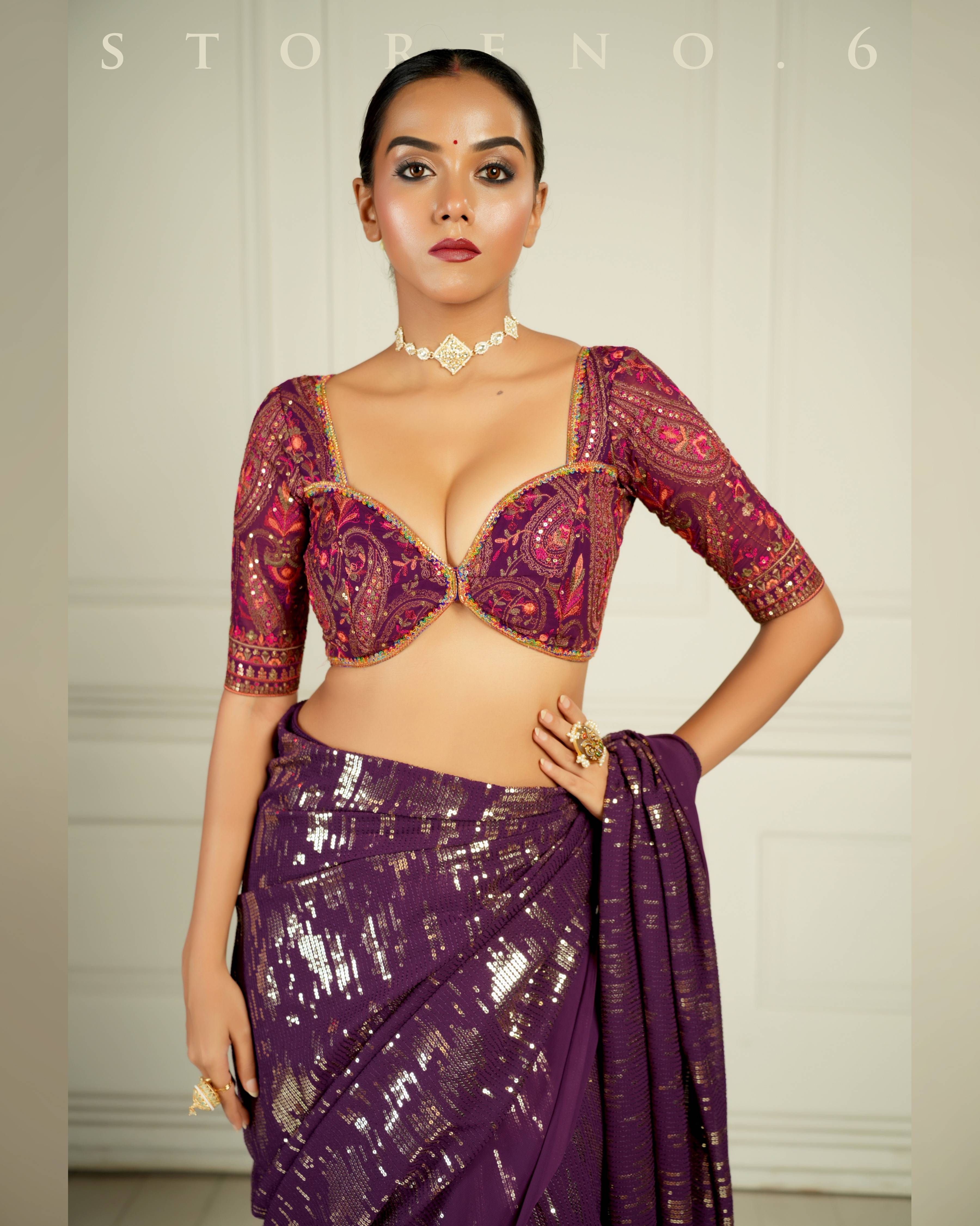 BLACKBERRY BOURBON COCKTAIL SAREE WITH CHAHAT-E-GEHRA BLOUSE