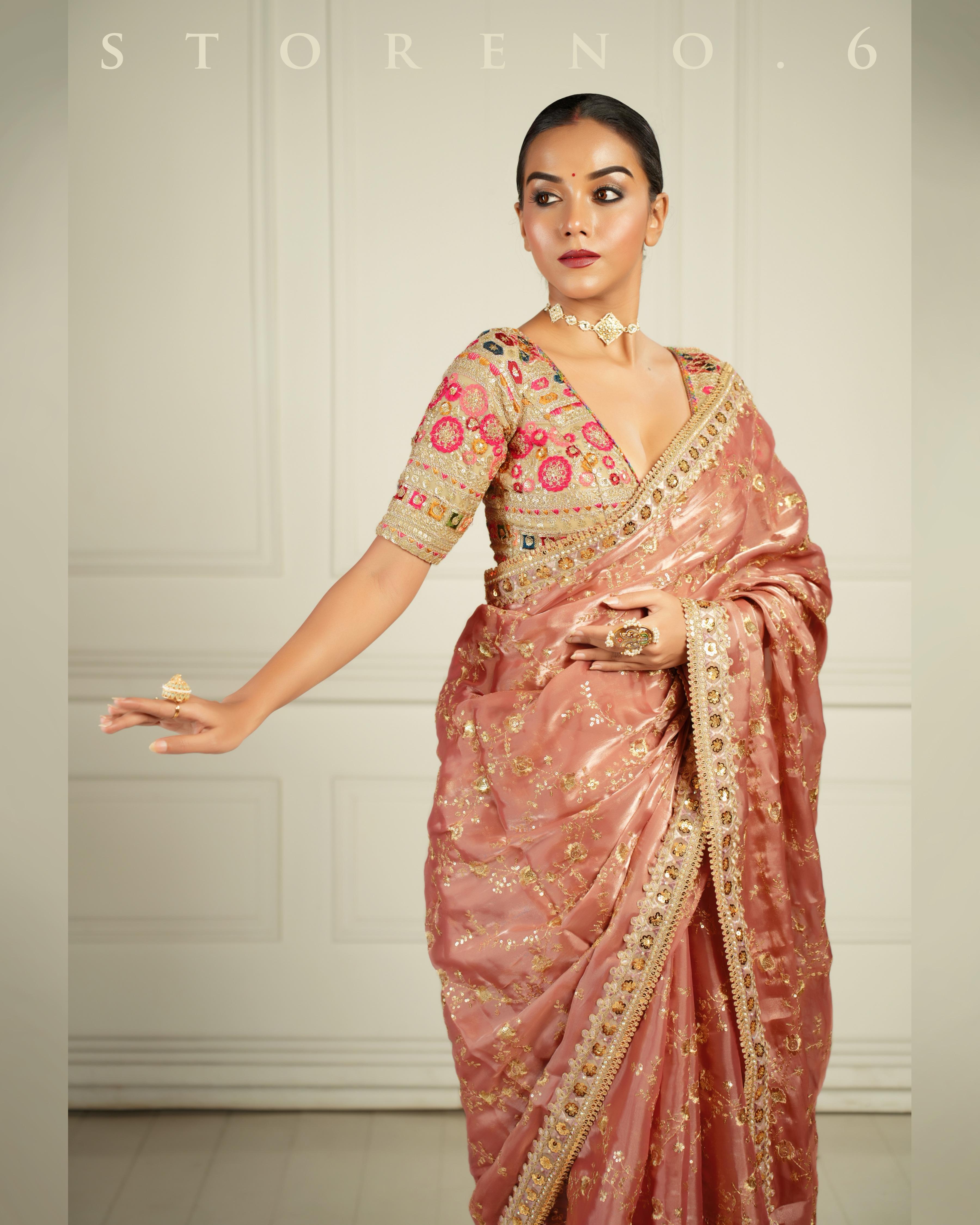 THE CHARM OF THE CORALS SAREE WITH GUL KAARI SURMAI BLOUSE
