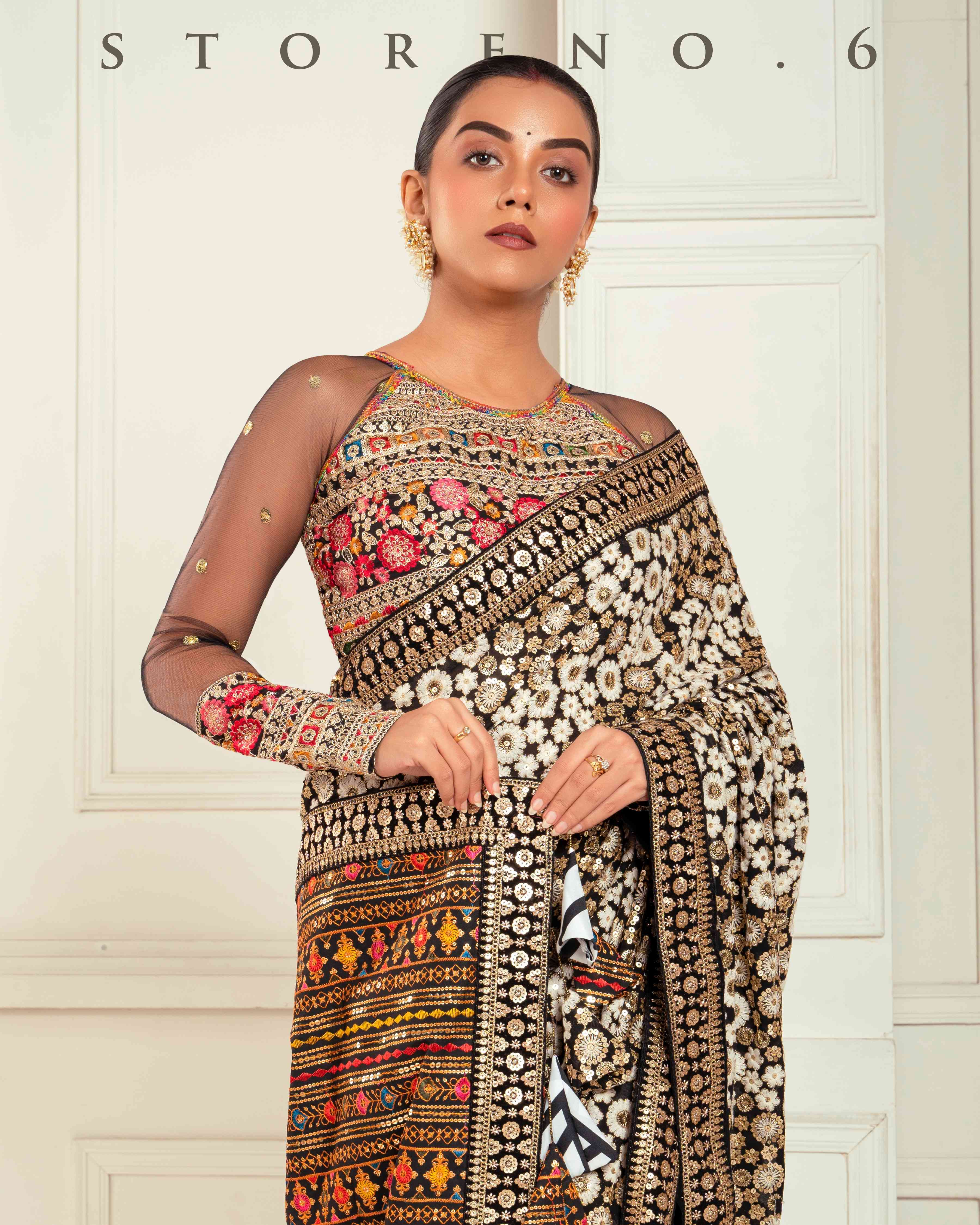 GRAPHIC GODDESS SAREE WITH GUL KAARI SIAH MELANGE BLOUSE