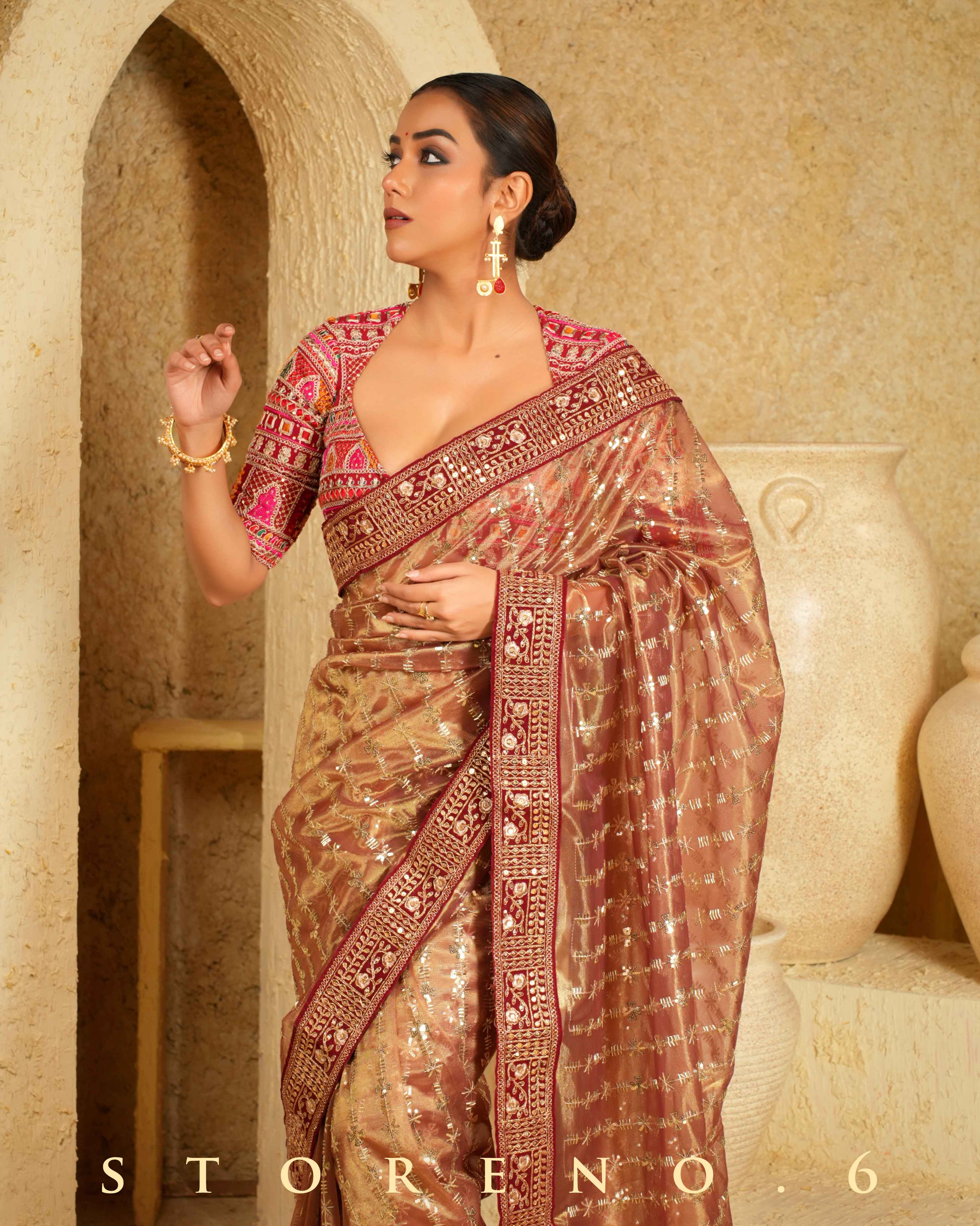 CINNAMON CHARM SAREE WITH SANGRIA SENSATION CLASSIC BLOUSE