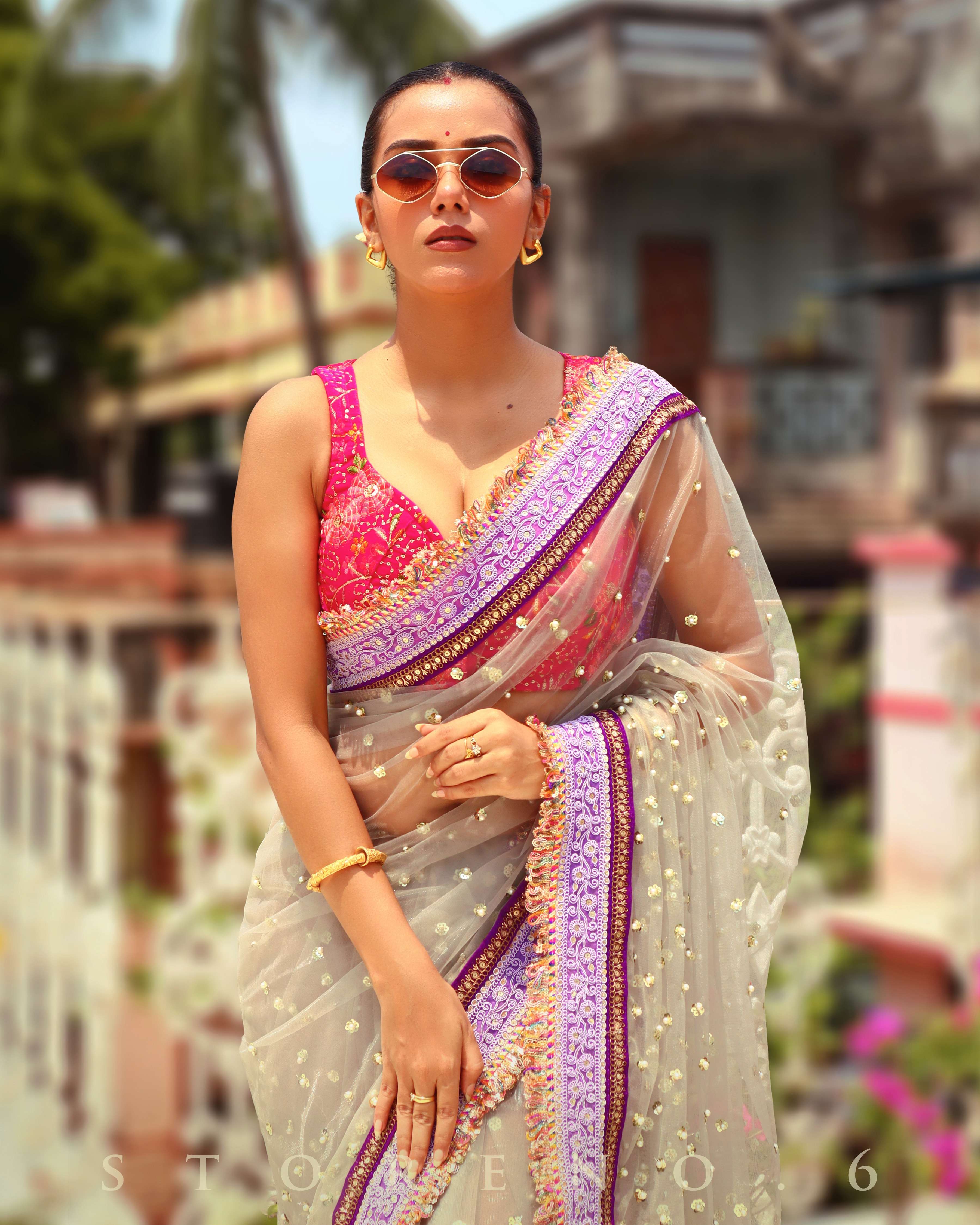 OCTOBER OOMPH SAREE WITH BARBIE BLUSH JEWEL SLEEVELESS BLOUSE