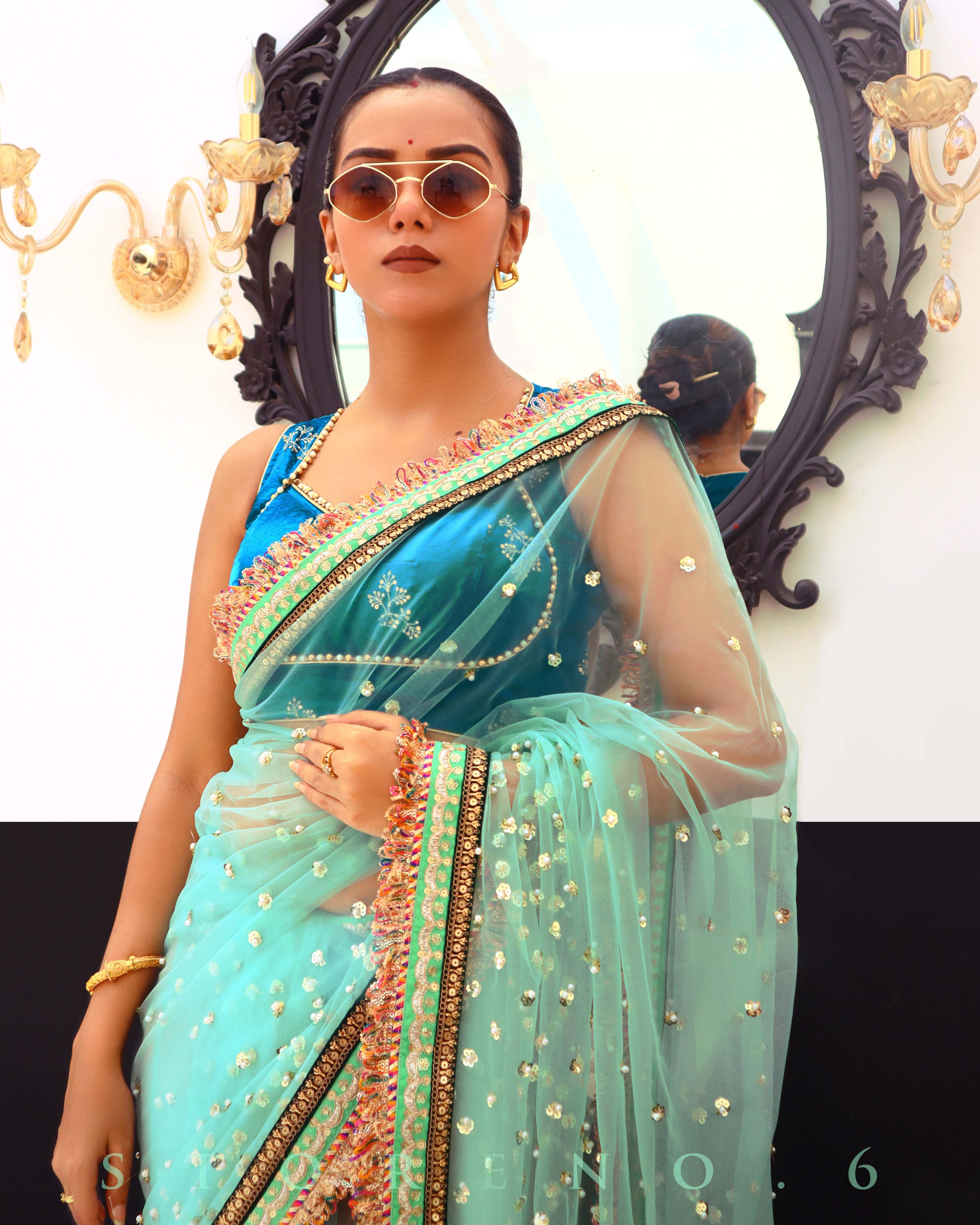 FEBRUARY FLING SAREE WITH MARINE MARVEL SLEEVELESS BLOUSE