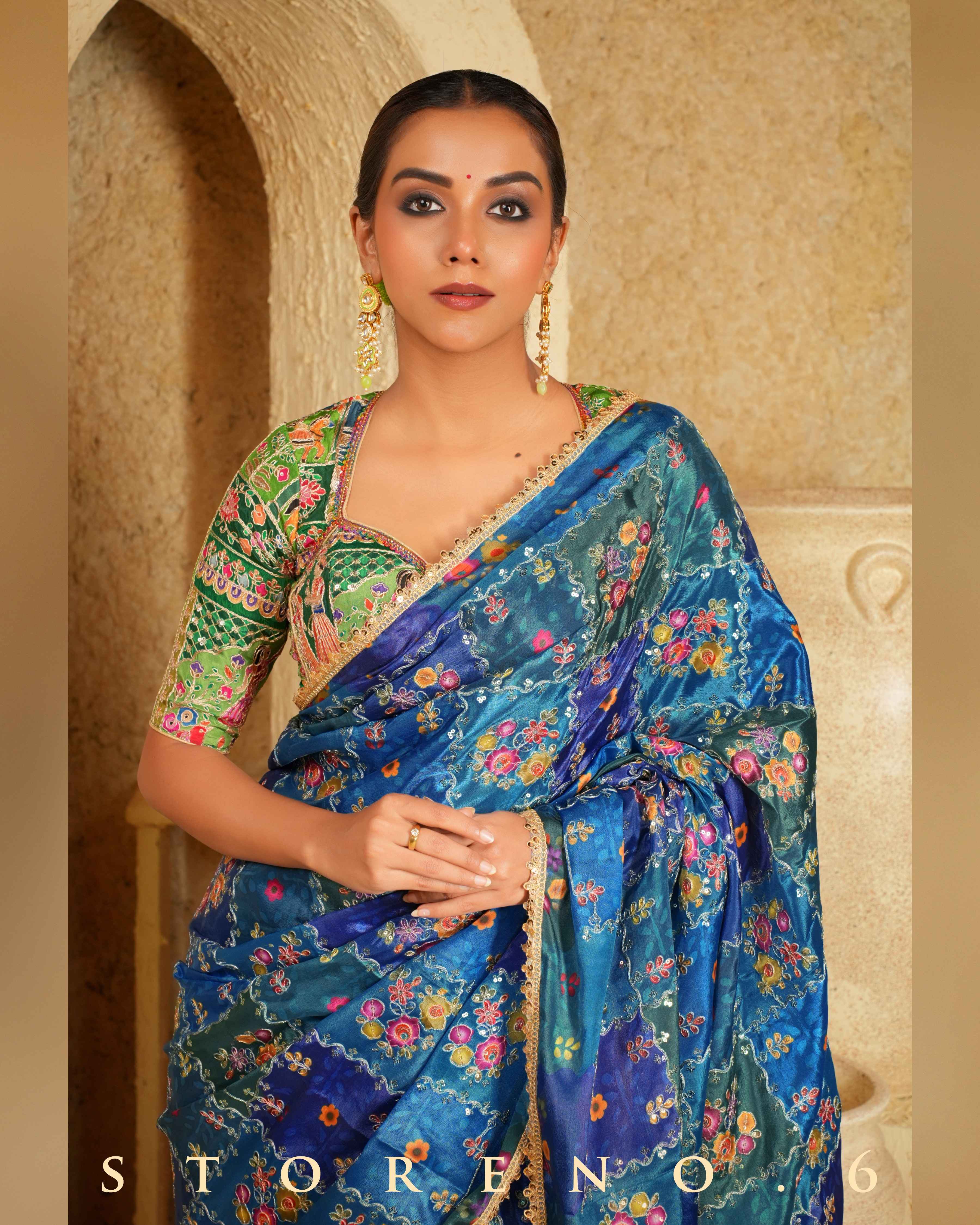 BLUEBERRY BLOCKBUSTER SAREE WITH EXOTIC EMERALD BLOUSE
