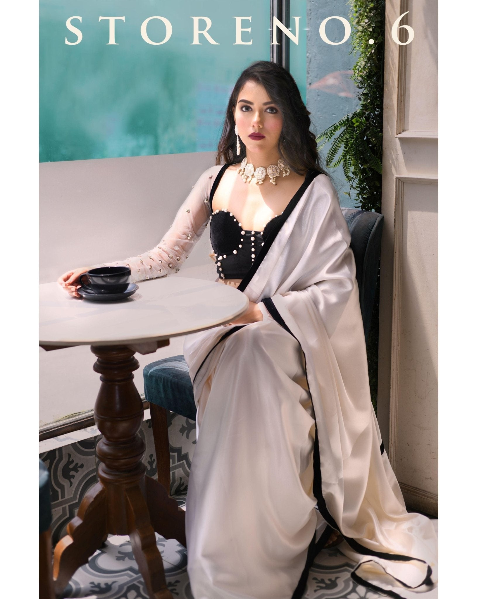 IVORY CREAM SILK SATIN SAREE WITH SURMAI JAWHAR MELANGE BLOUSE