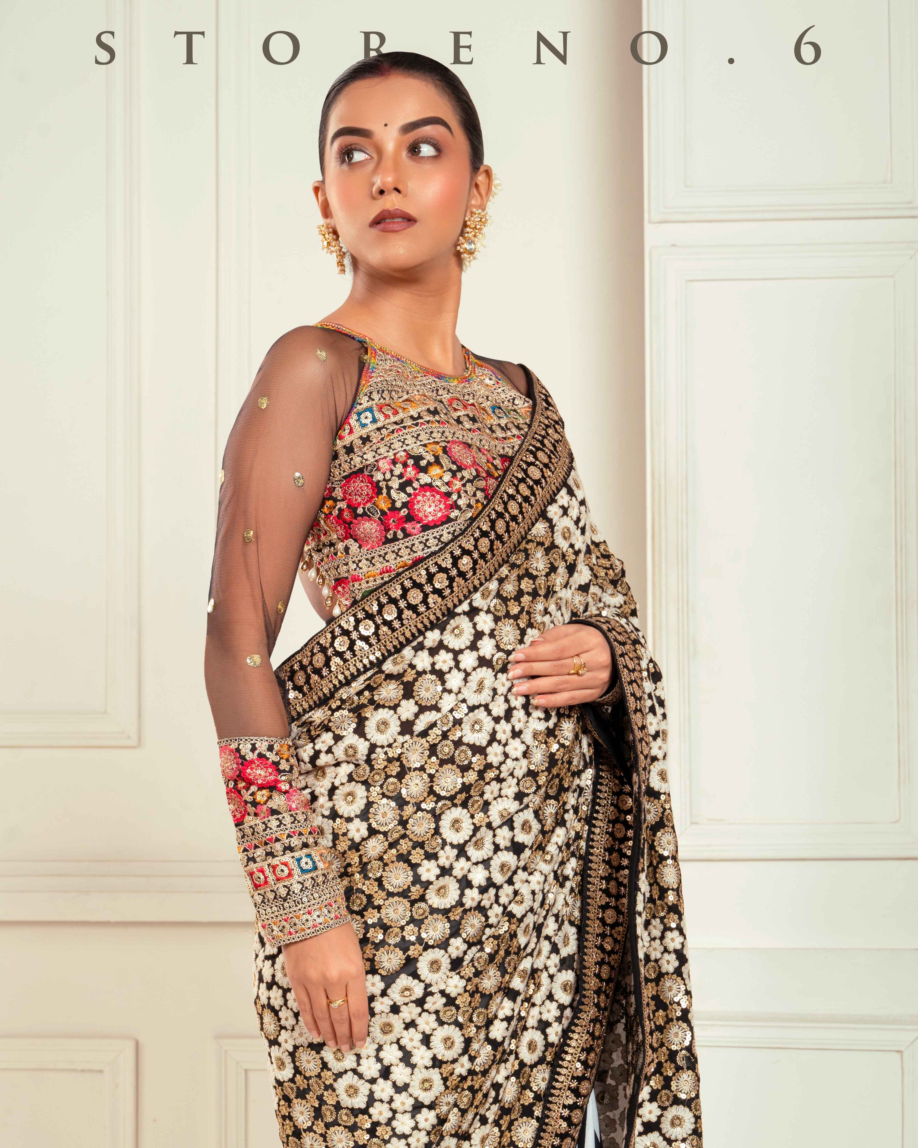 GRAPHIC GODDESS SAREE WITH GUL KAARI SIAH MELANGE BLOUSE
