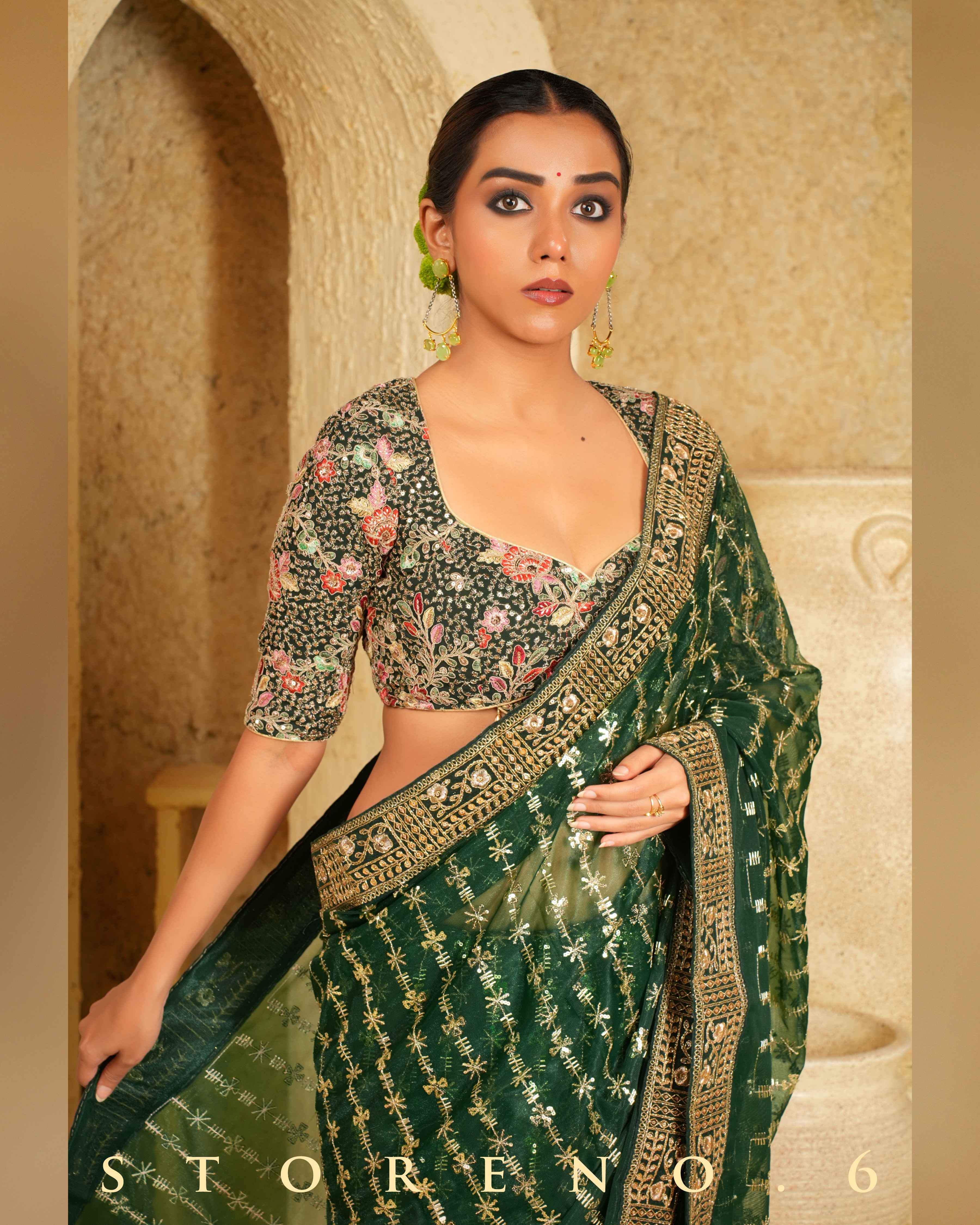 EVERGREEN EDGE SAREE WITH PINE PARADISE BLOUSE