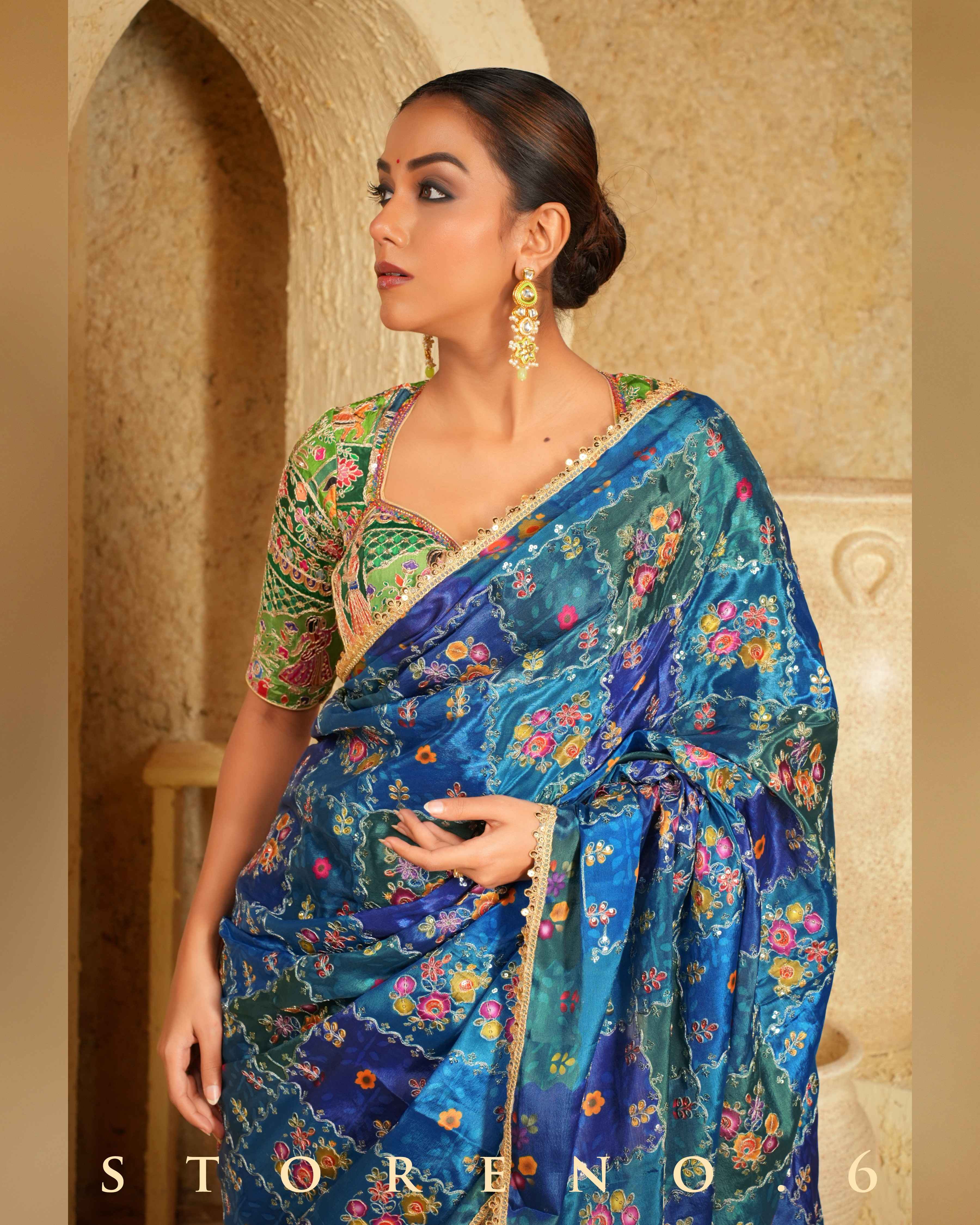 BLUEBERRY BLOCKBUSTER SAREE WITH EXOTIC EMERALD BLOUSE