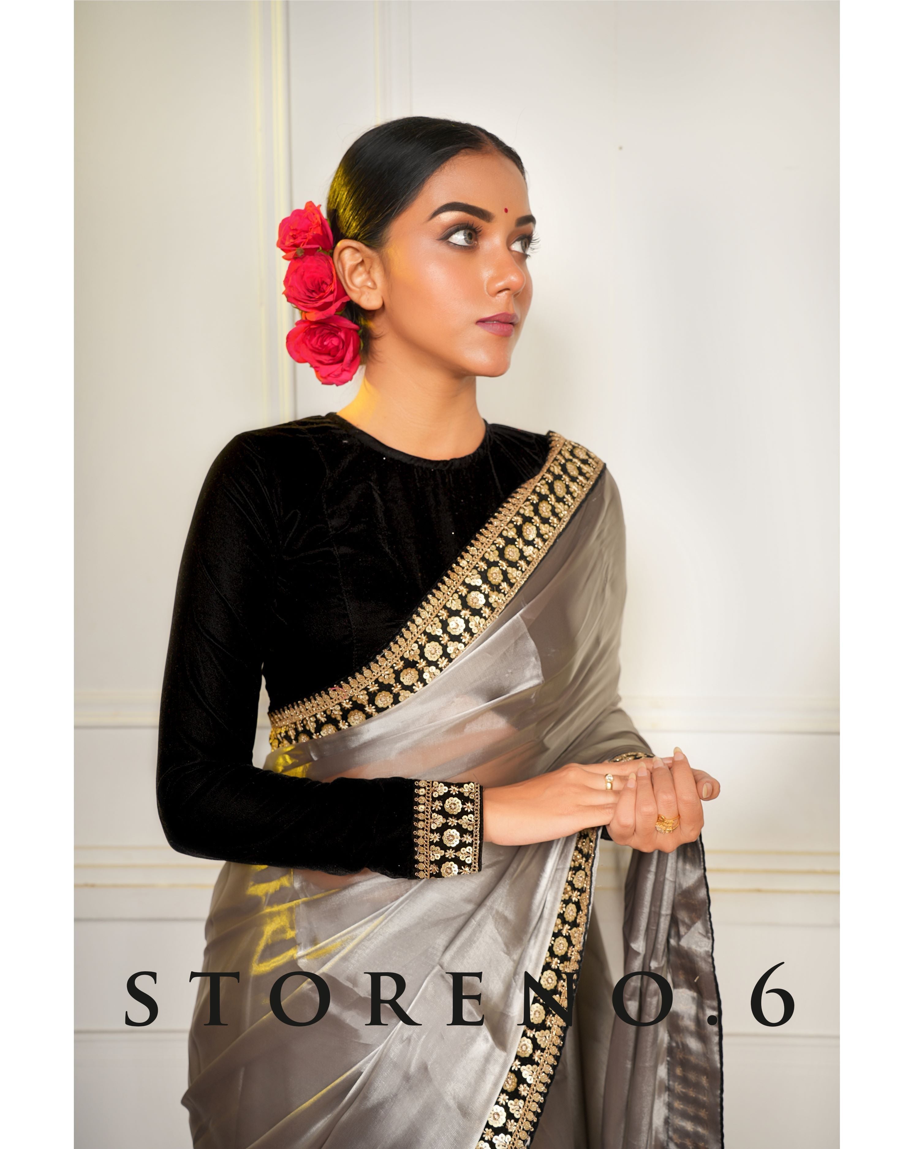 NOOR-E-SIAH SAREE WITH MAKHMAL SIAH FULL SLEEVE BLOUSE