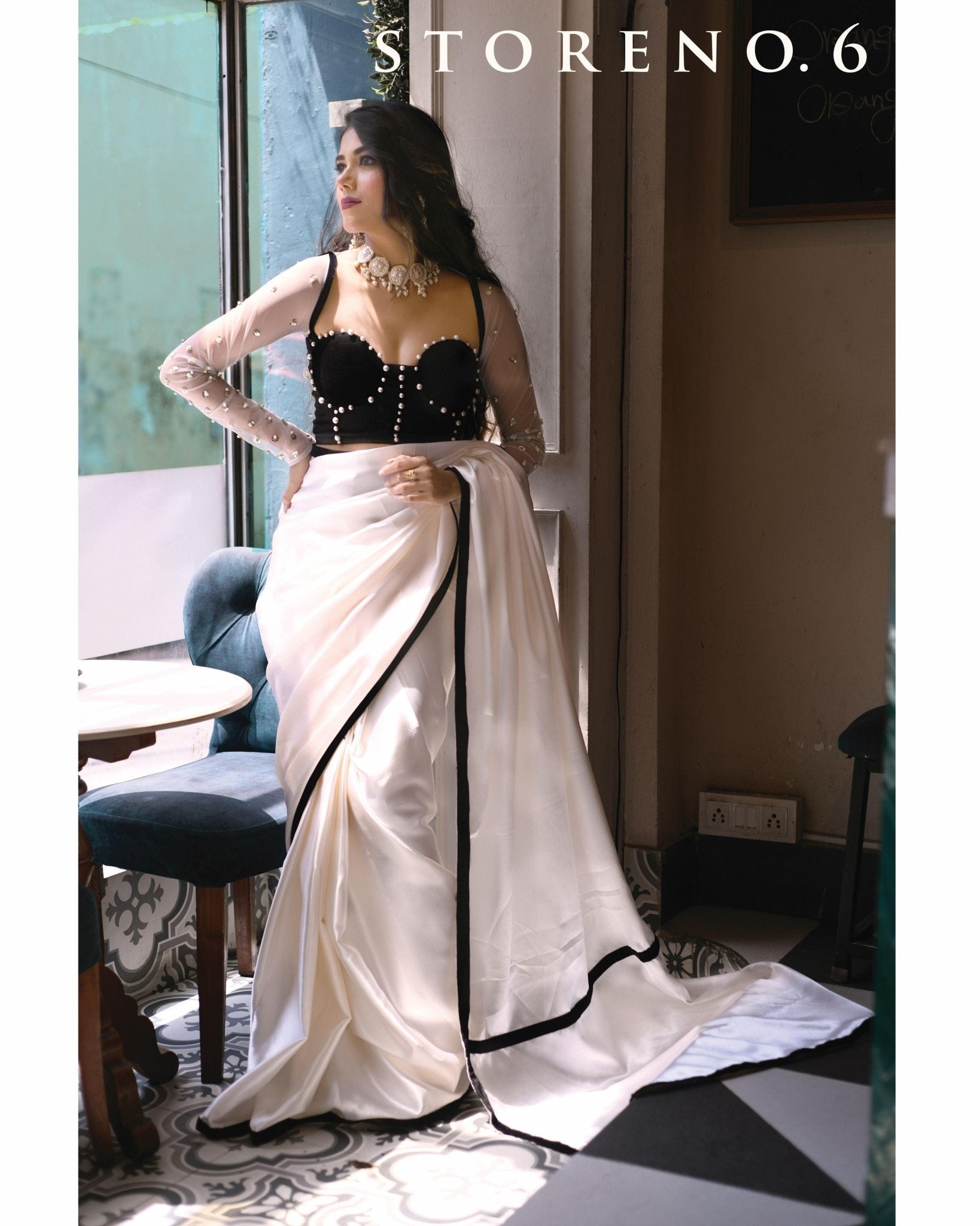 IVORY CREAM SILK SATIN SAREE WITH SURMAI JAWHAR MELANGE BLOUSE