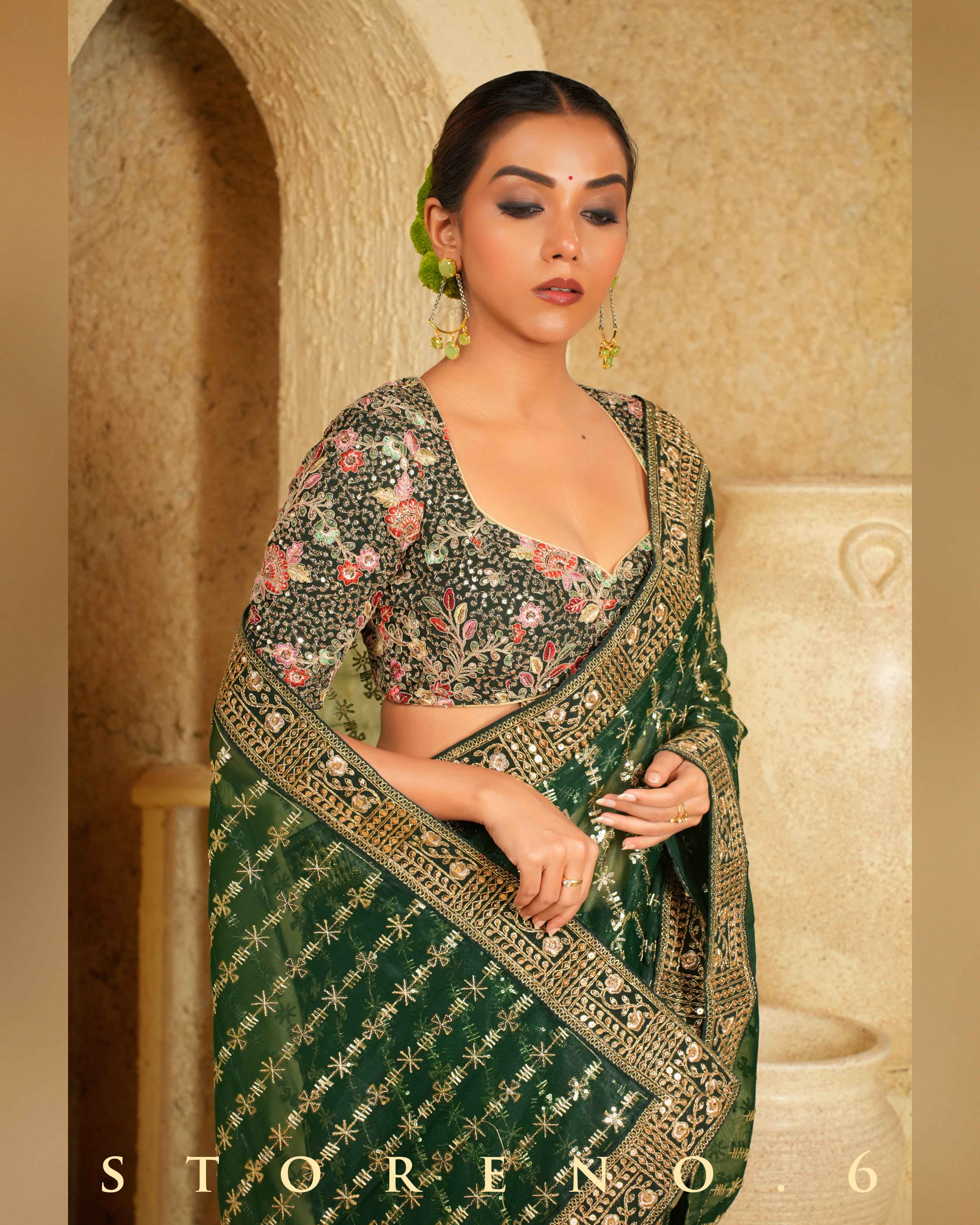 EVERGREEN EDGE SAREE WITH PINE PARADISE BLOUSE