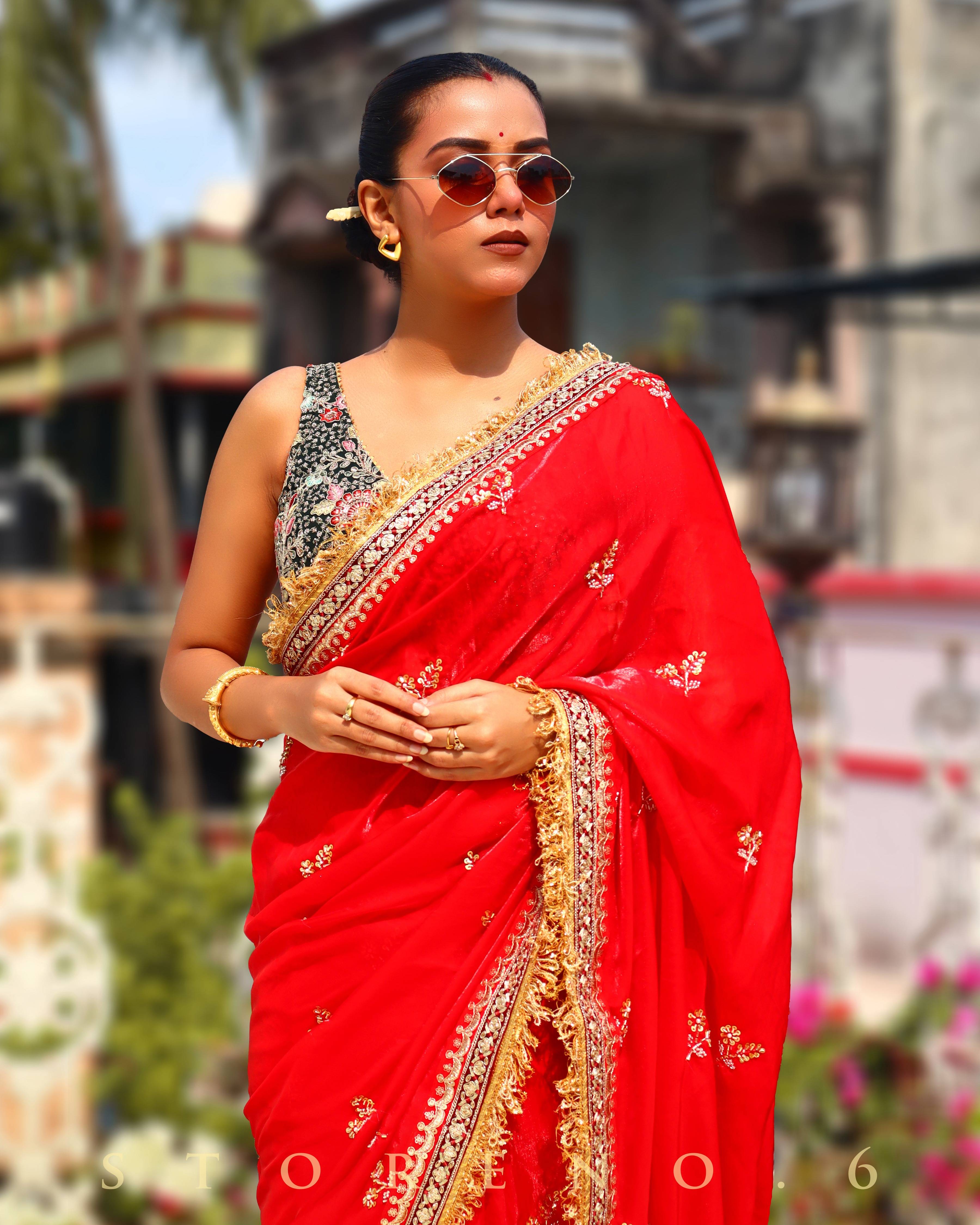 JULY JUBILEE SAREE WITH PINE PARADISE SLEEVELESS BLOUSE