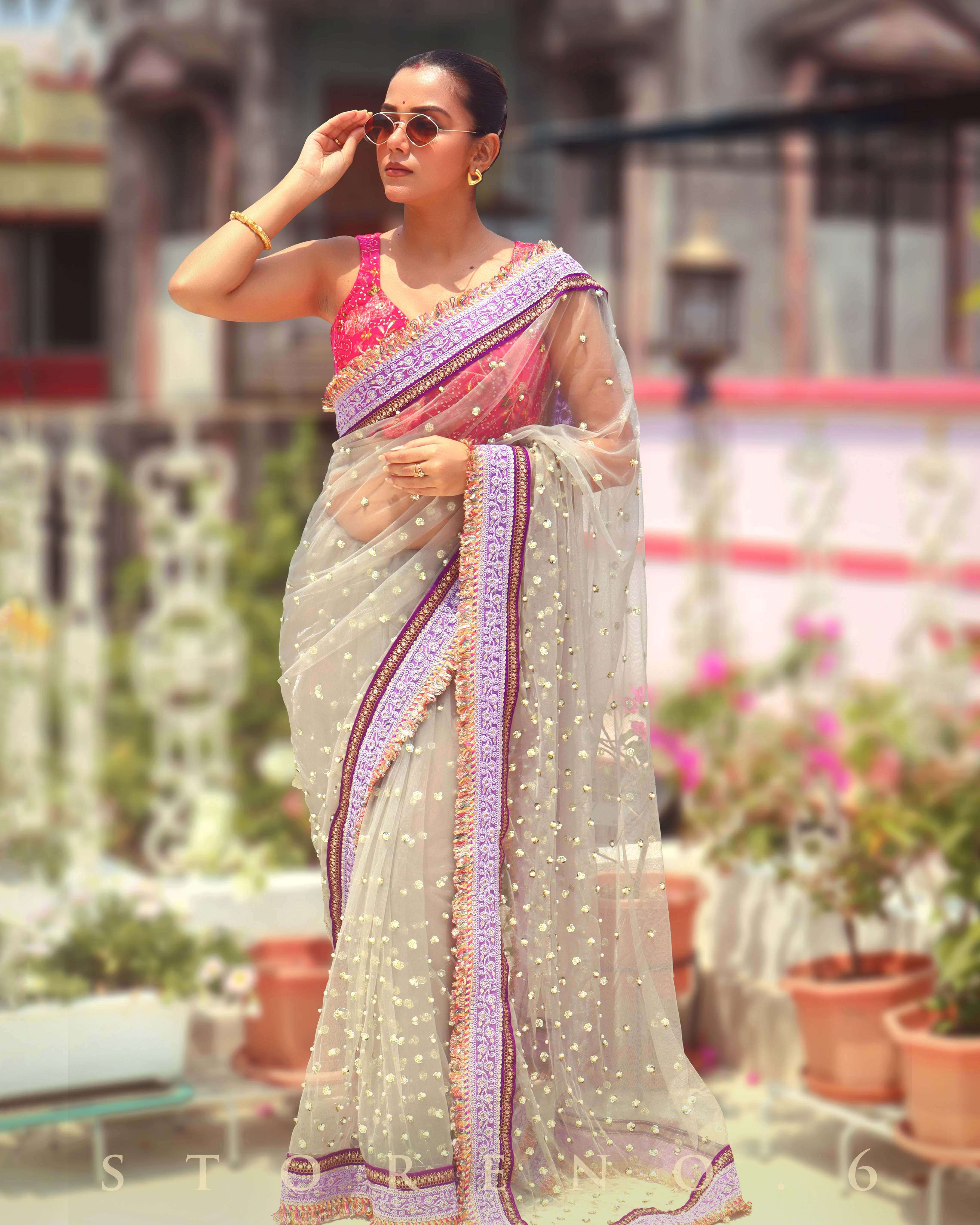 OCTOBER OOMPH SAREE WITH BARBIE BLUSH JEWEL SLEEVELESS BLOUSE