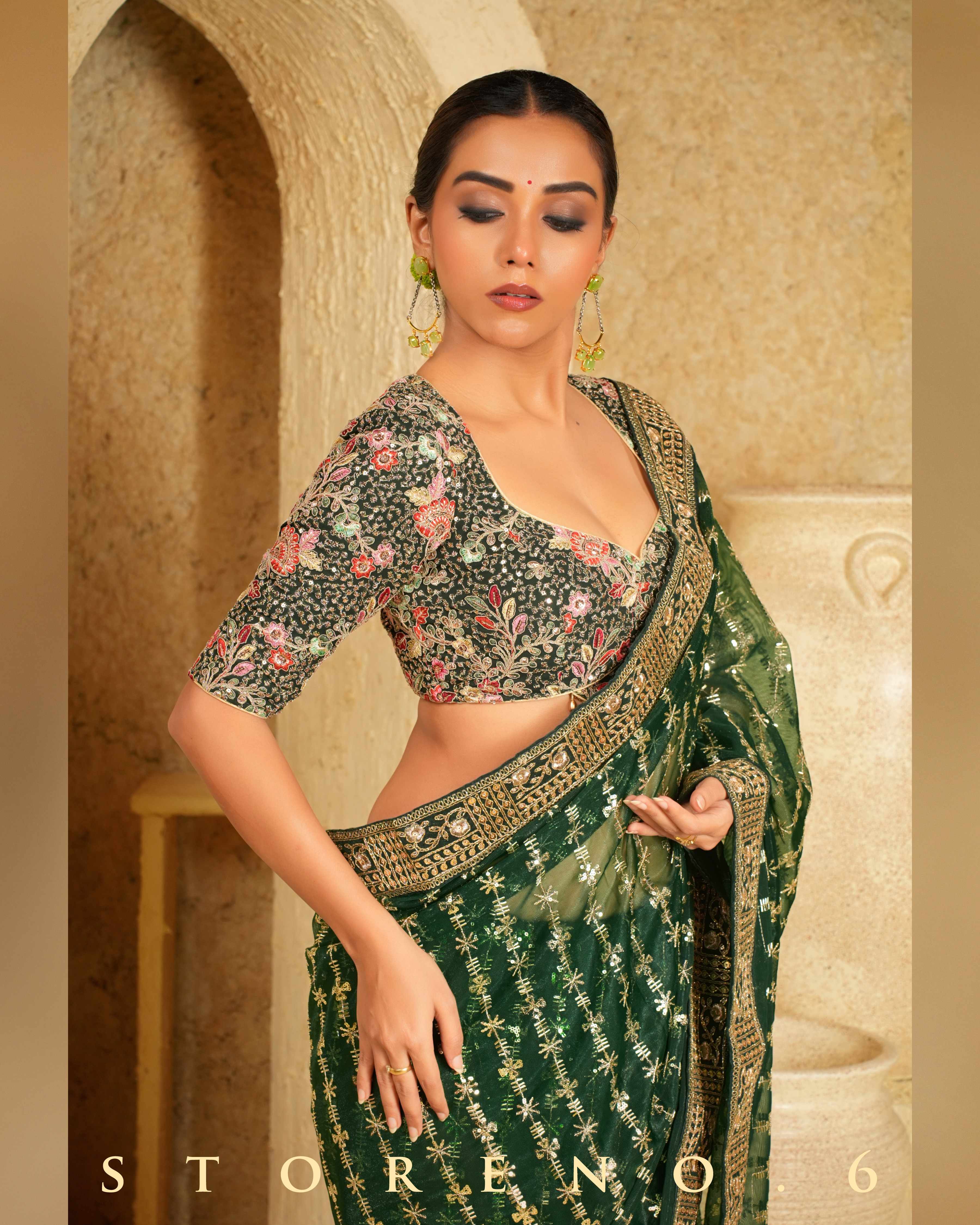 EVERGREEN EDGE SAREE WITH PINE PARADISE BLOUSE