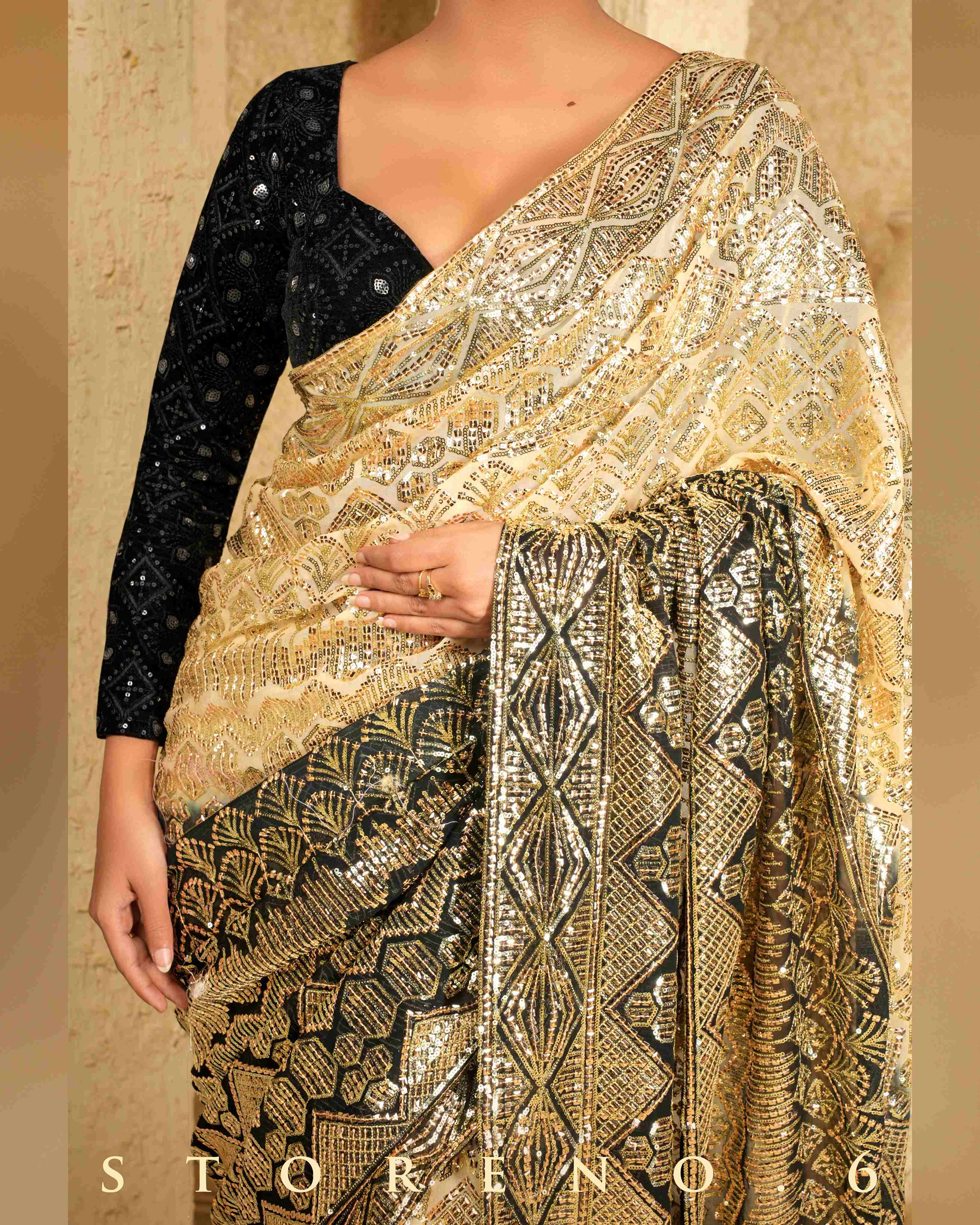 LUSTROUS LATTE SAREE WITH COSMIC CONTOUR BLOUSE