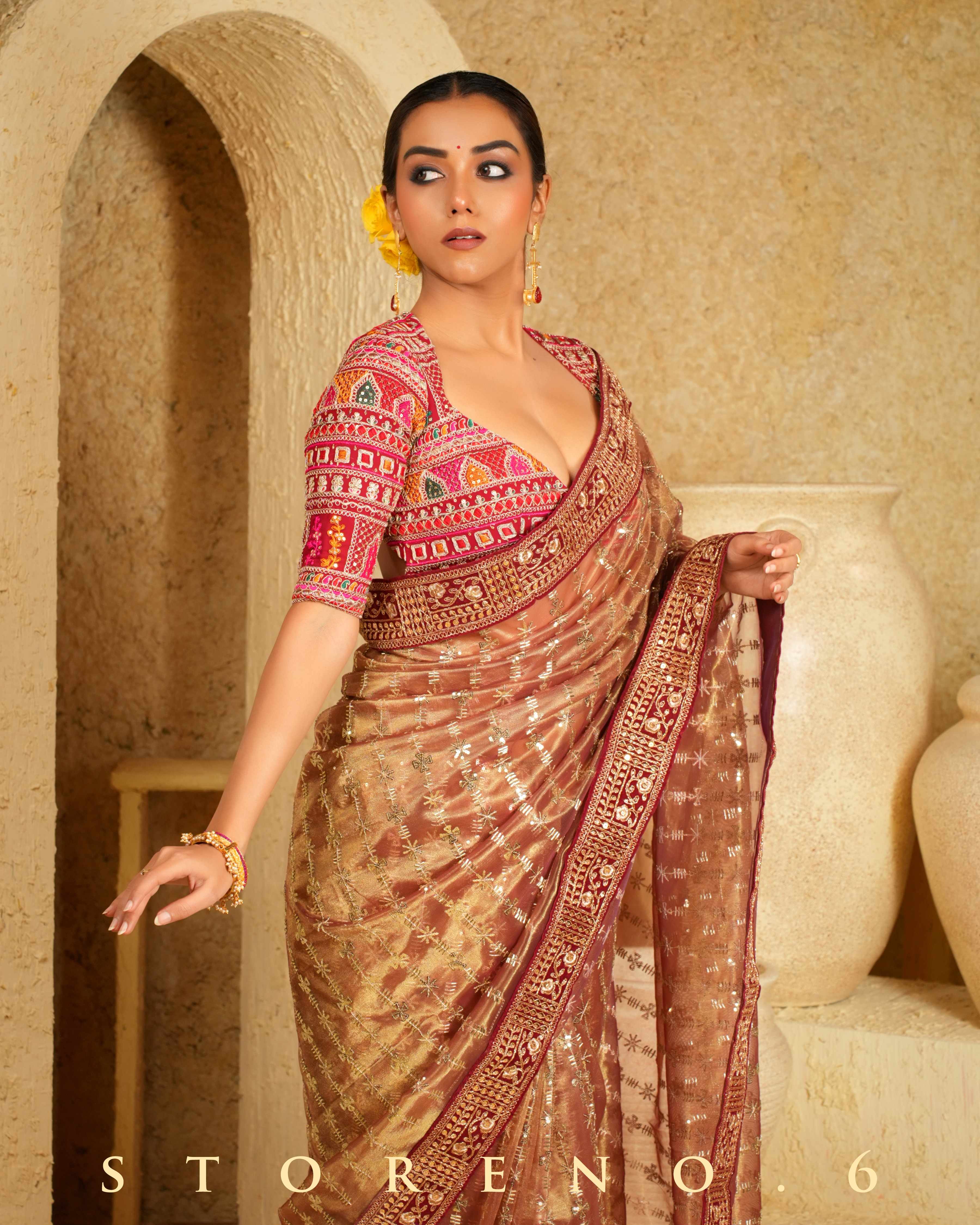 CINNAMON CHARM SAREE WITH SANGRIA SENSATION CLASSIC BLOUSE