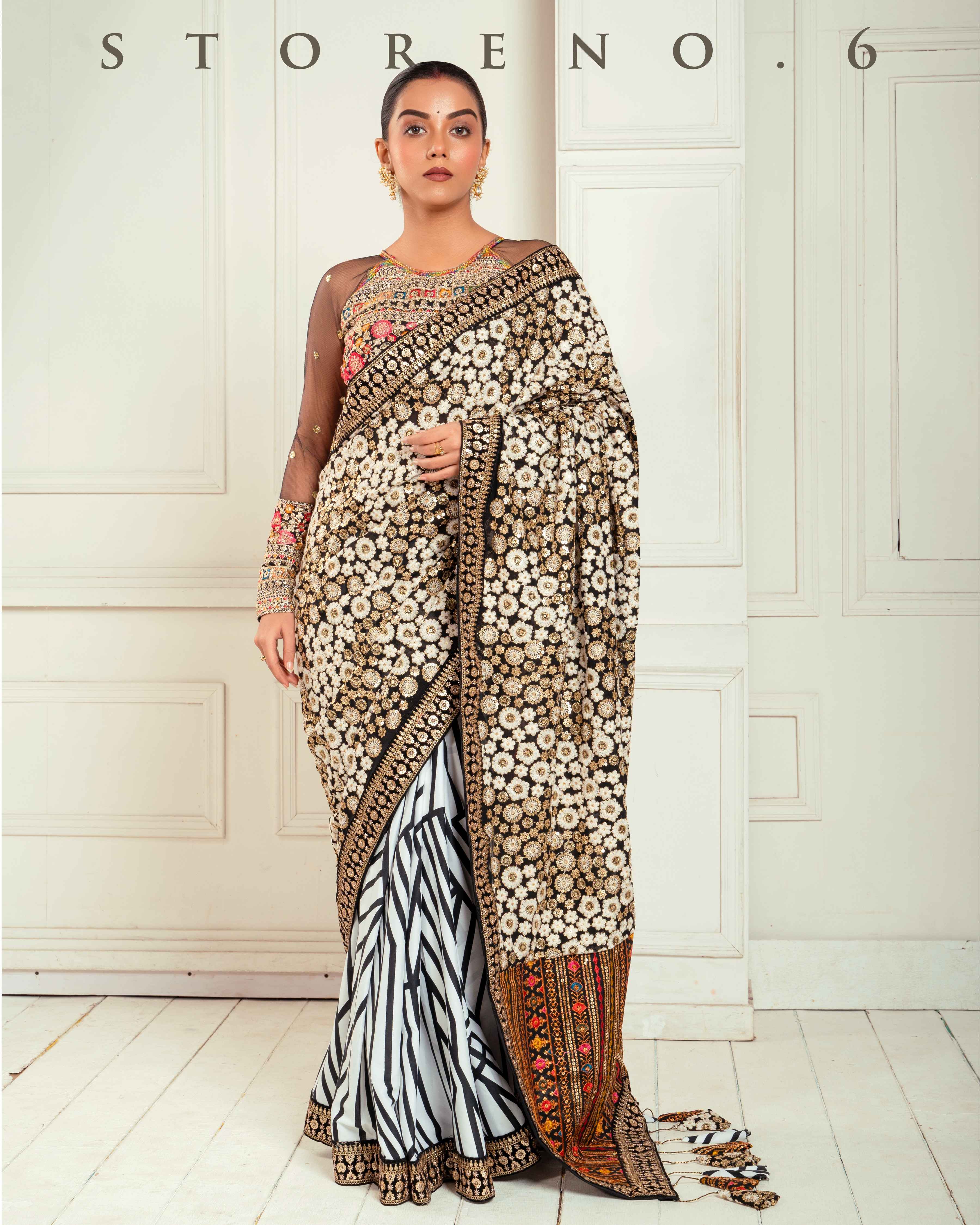 GRAPHIC GODDESS SAREE WITH GUL KAARI SIAH MELANGE BLOUSE