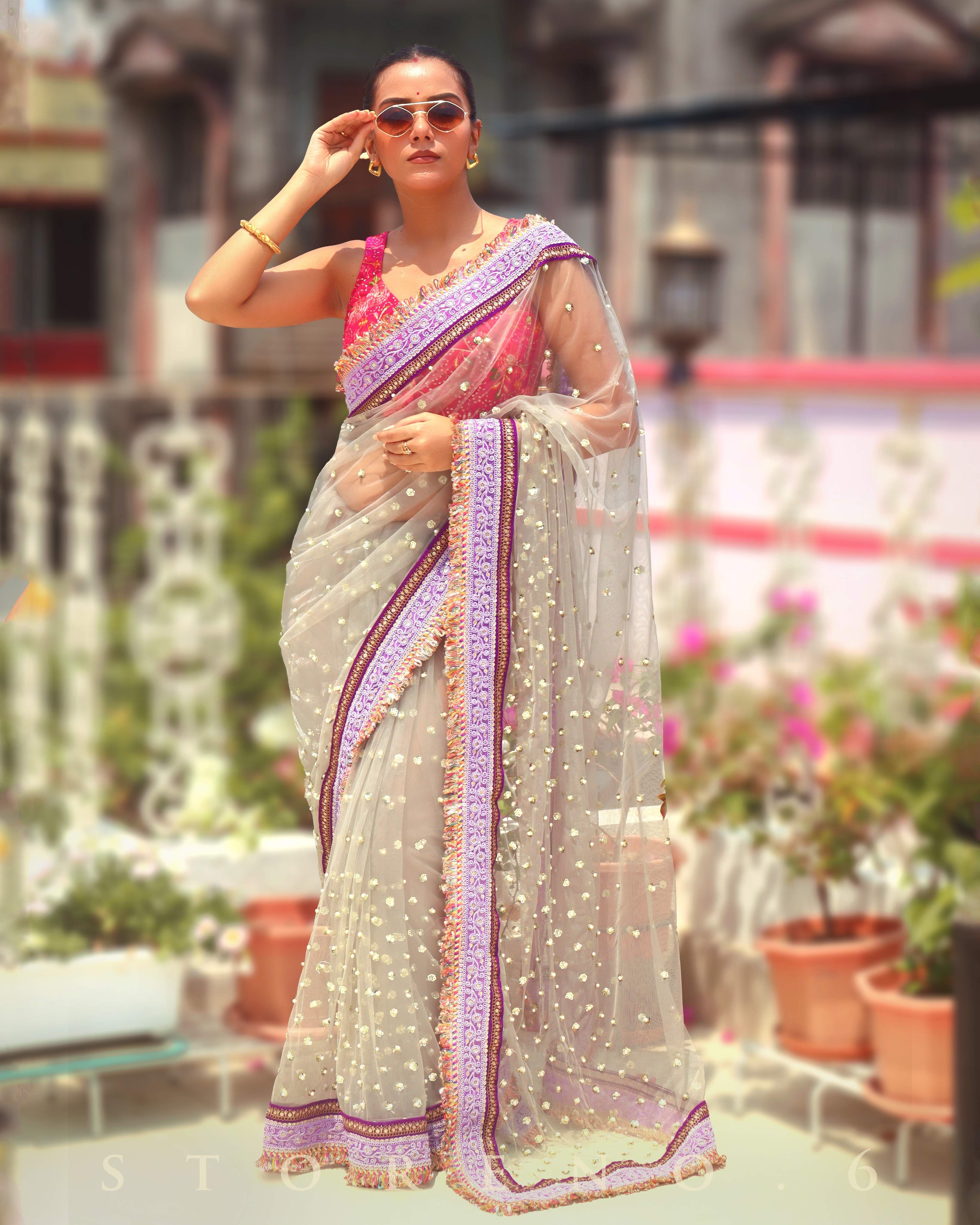 OCTOBER OOMPH SAREE WITH BARBIE BLUSH JEWEL SLEEVELESS BLOUSE