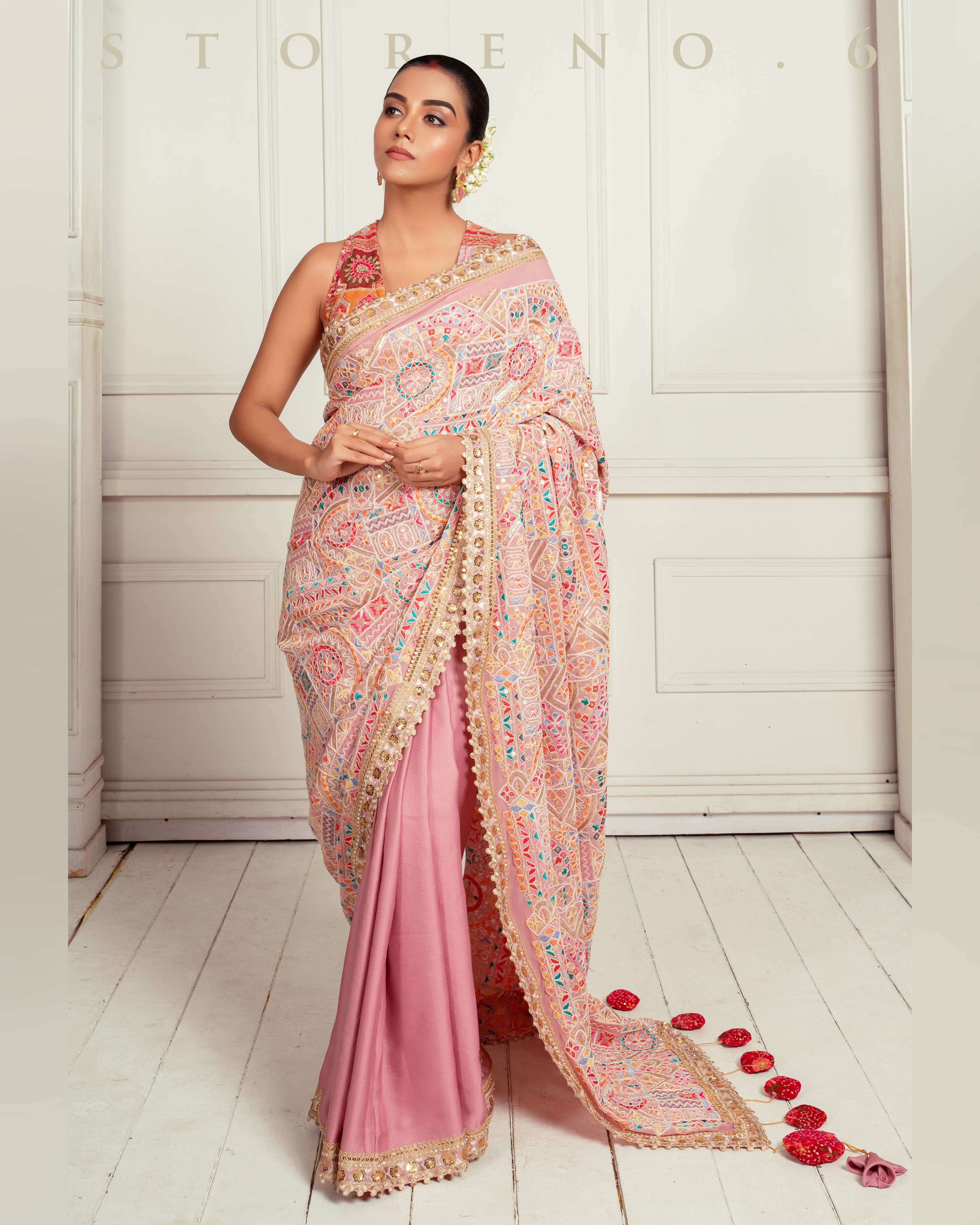 FROSTED FLAMINGO SAREE WITH FUCHSIA FUSION FOXY BLOUSE