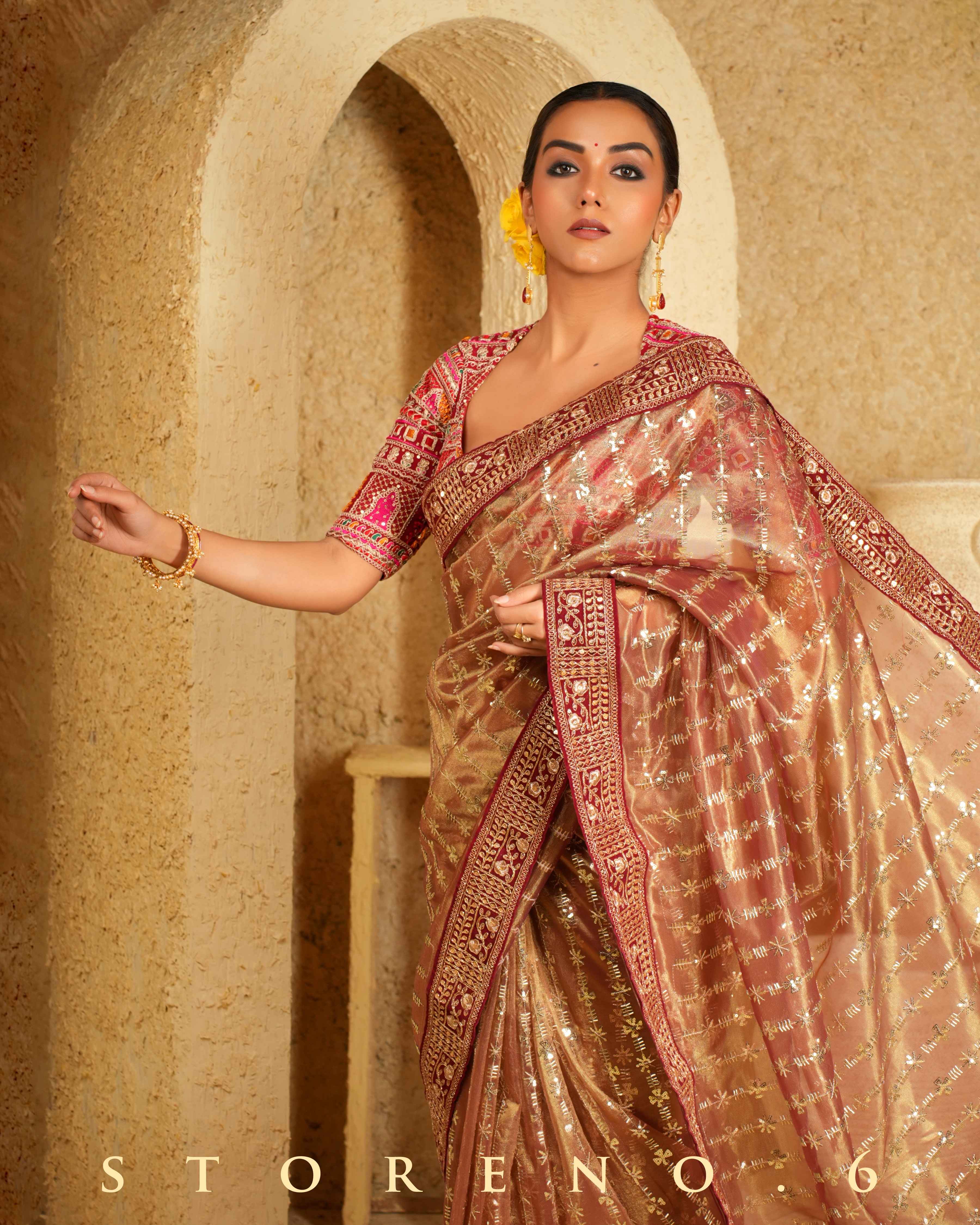 CINNAMON CHARM SAREE WITH SANGRIA SENSATION CLASSIC BLOUSE