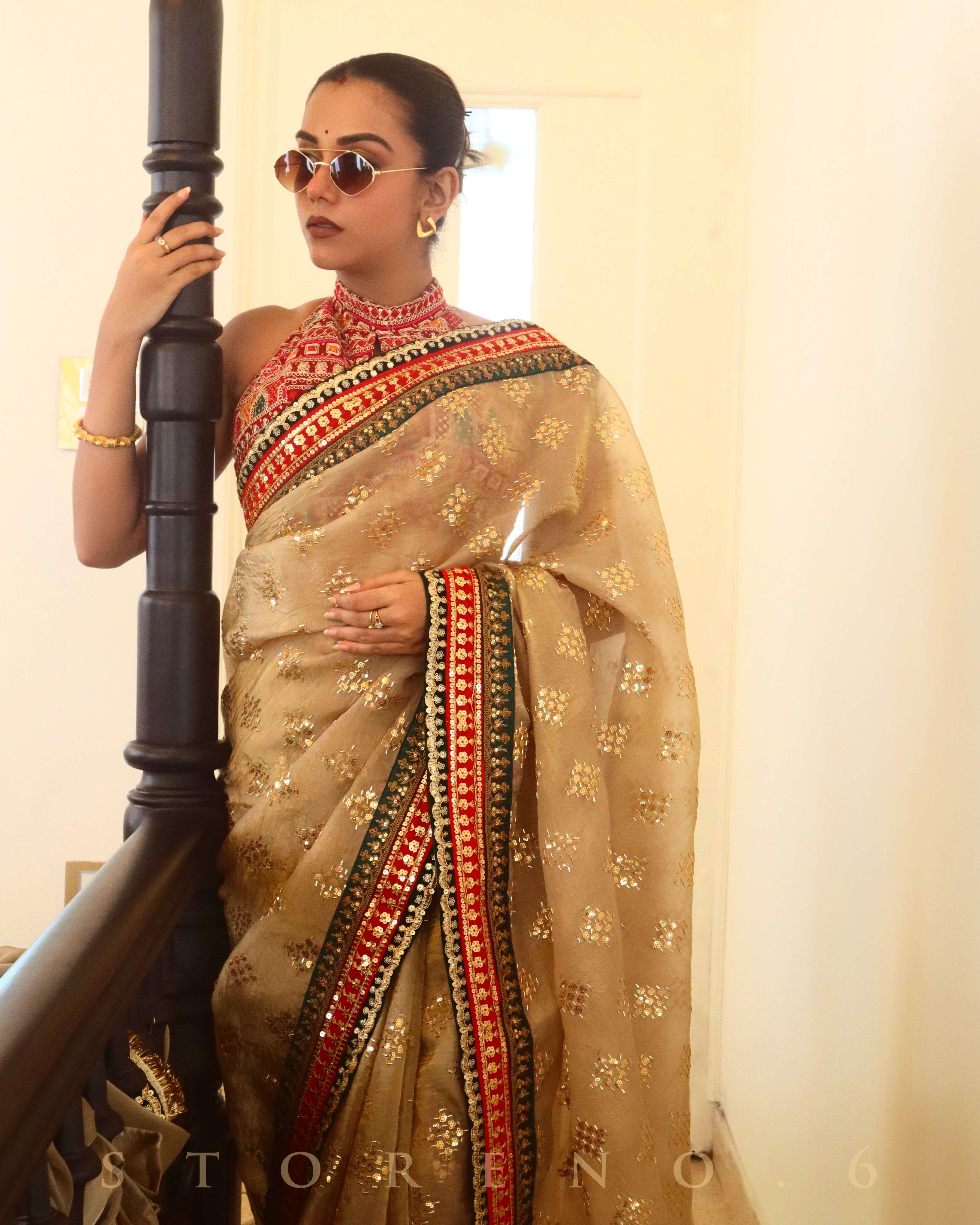 APRIL AESTHETIC SAREE WITH SANGRIA SENSATION SLEEVELESS BLOUSE