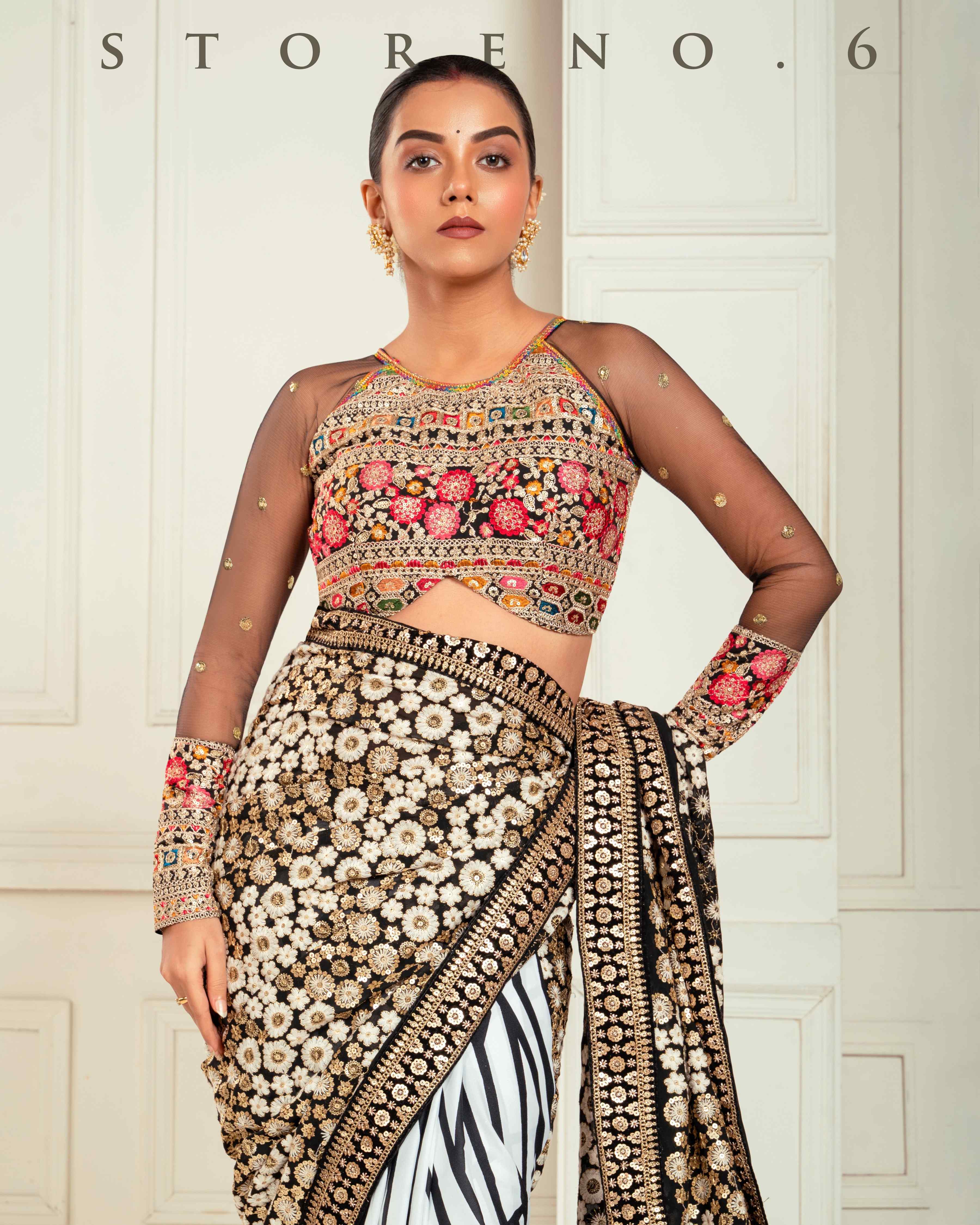 GRAPHIC GODDESS SAREE WITH GUL KAARI SIAH MELANGE BLOUSE