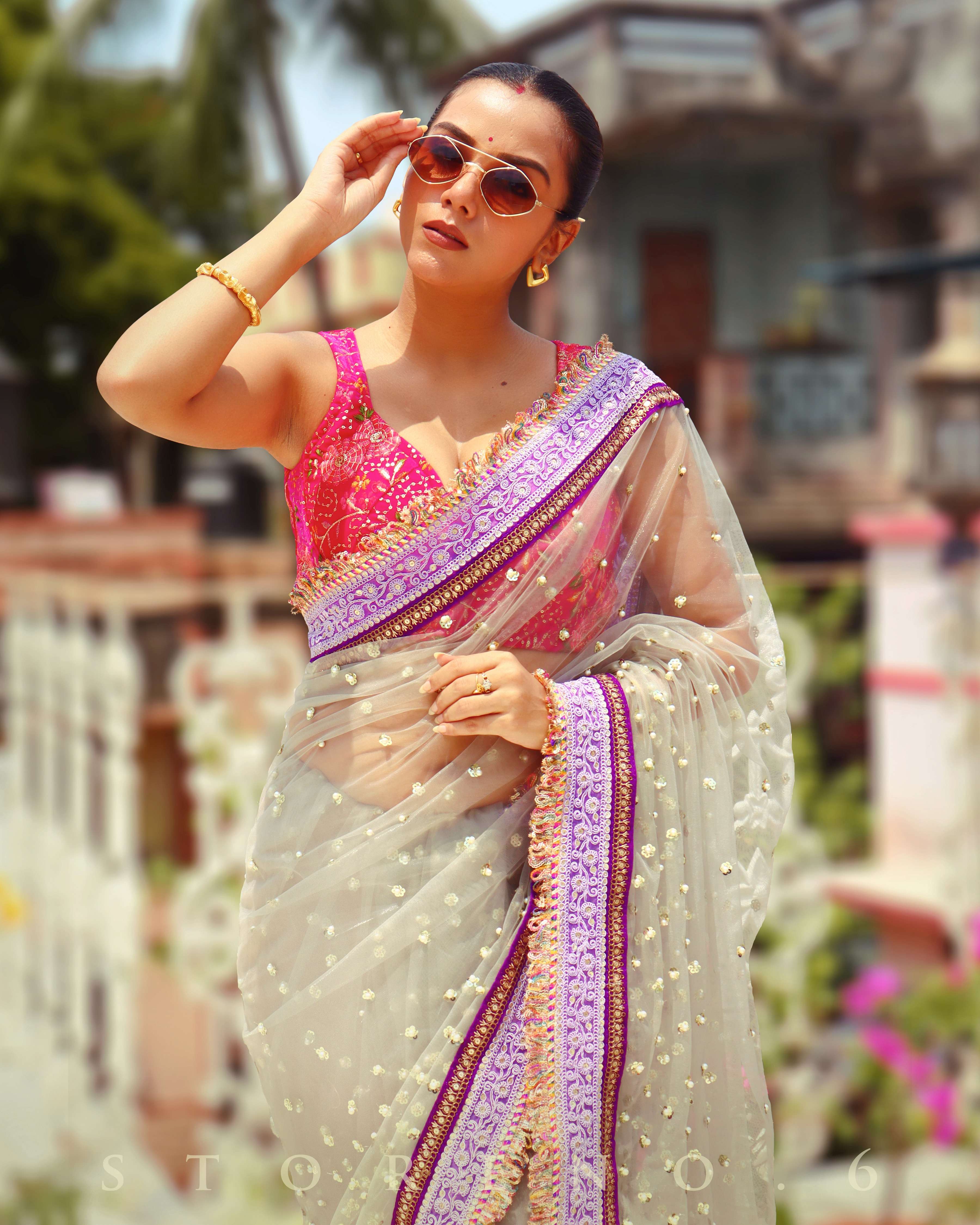 OCTOBER OOMPH SAREE WITH BARBIE BLUSH JEWEL SLEEVELESS BLOUSE