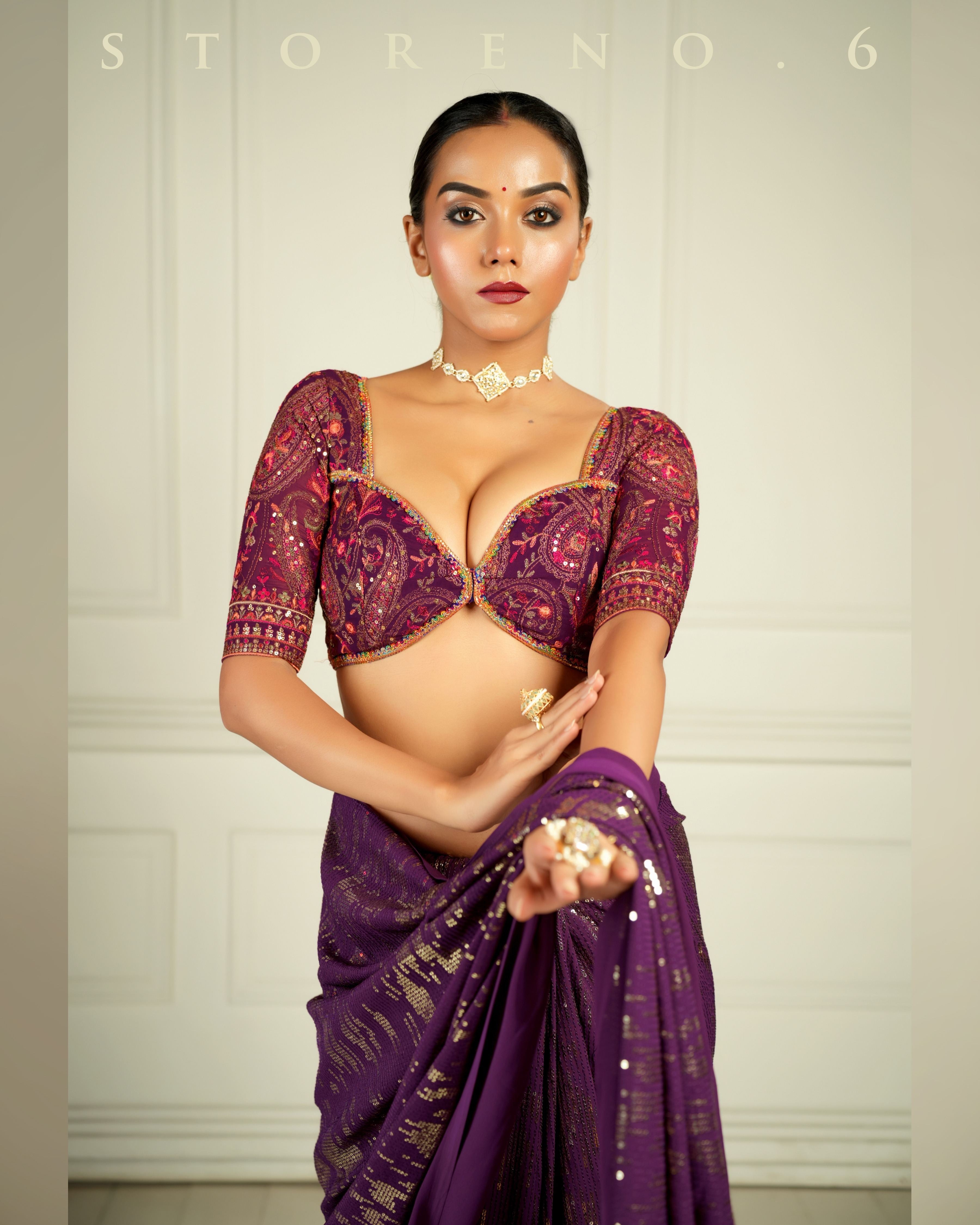 BLACKBERRY BOURBON COCKTAIL SAREE WITH CHAHAT-E-GEHRA BLOUSE
