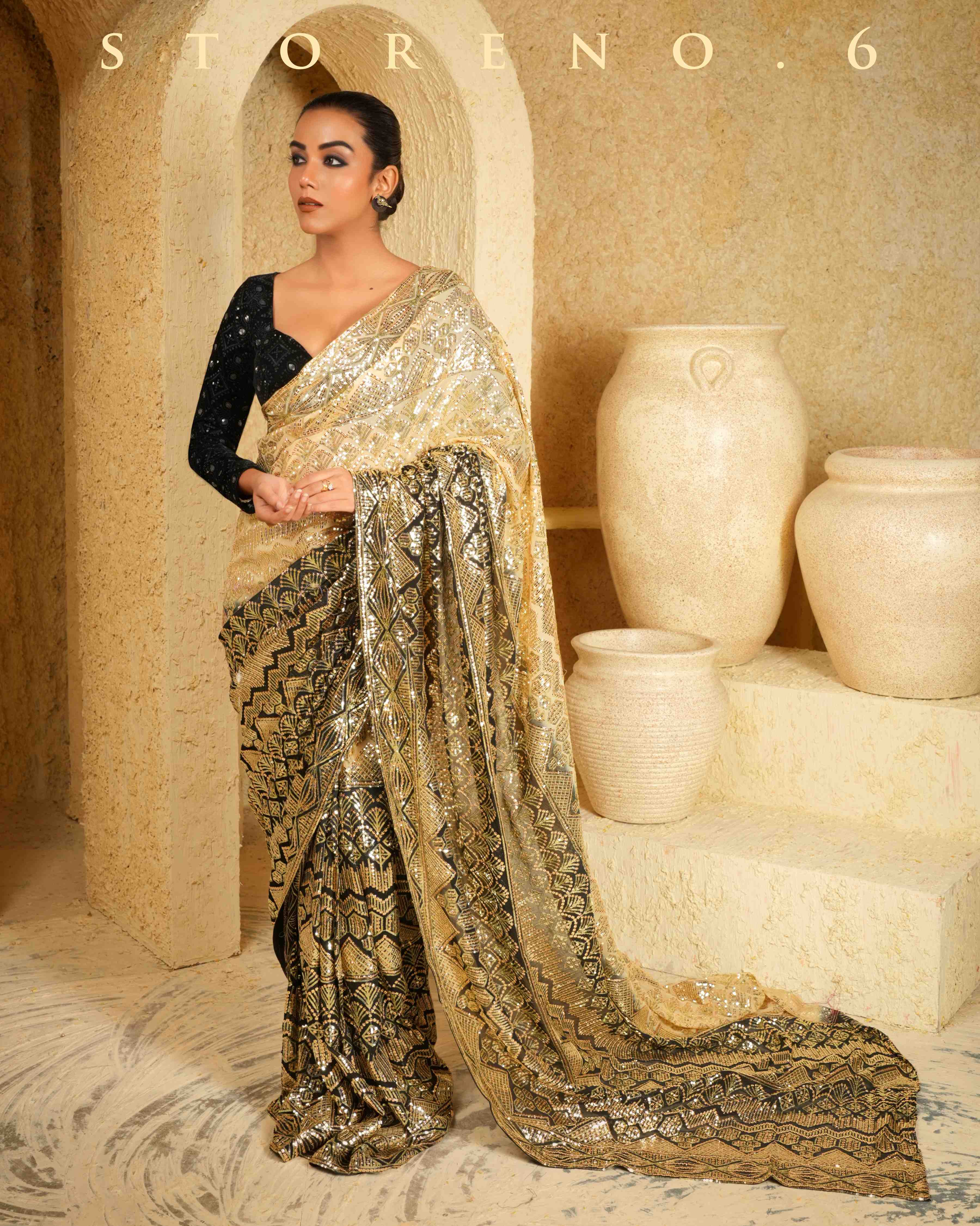 LUSTROUS LATTE SAREE WITH COSMIC CONTOUR BLOUSE