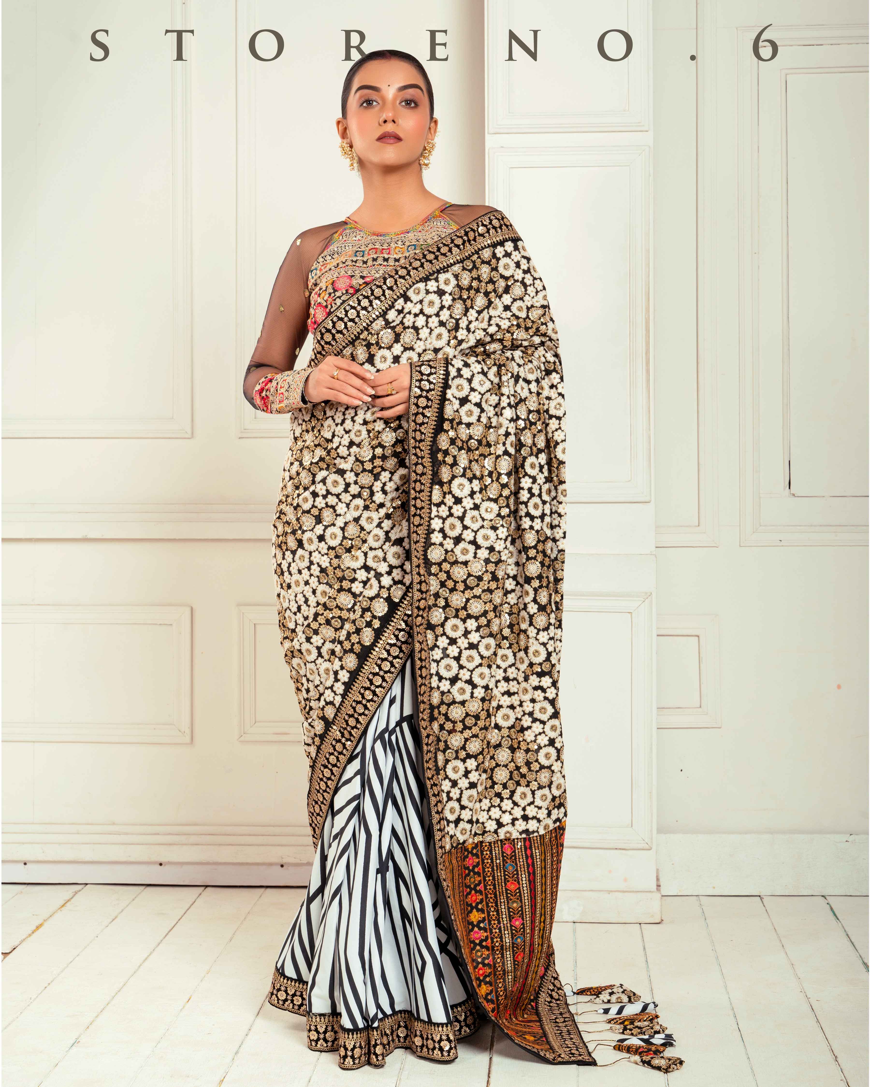 GRAPHIC GODDESS SAREE WITH GUL KAARI SIAH MELANGE BLOUSE