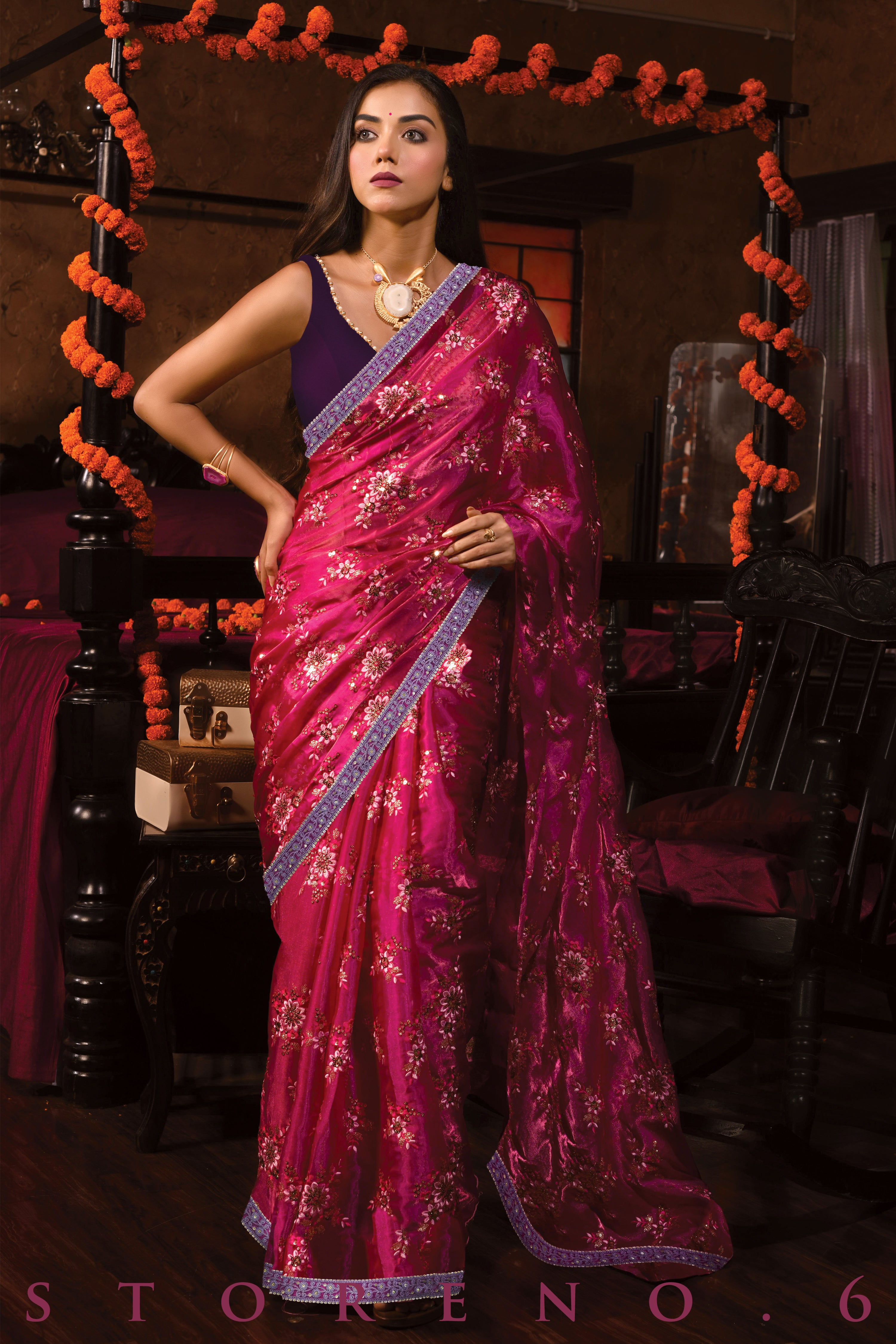 BARBIE ROSA SAREE WITH IVORY DRAMA BLOUSE