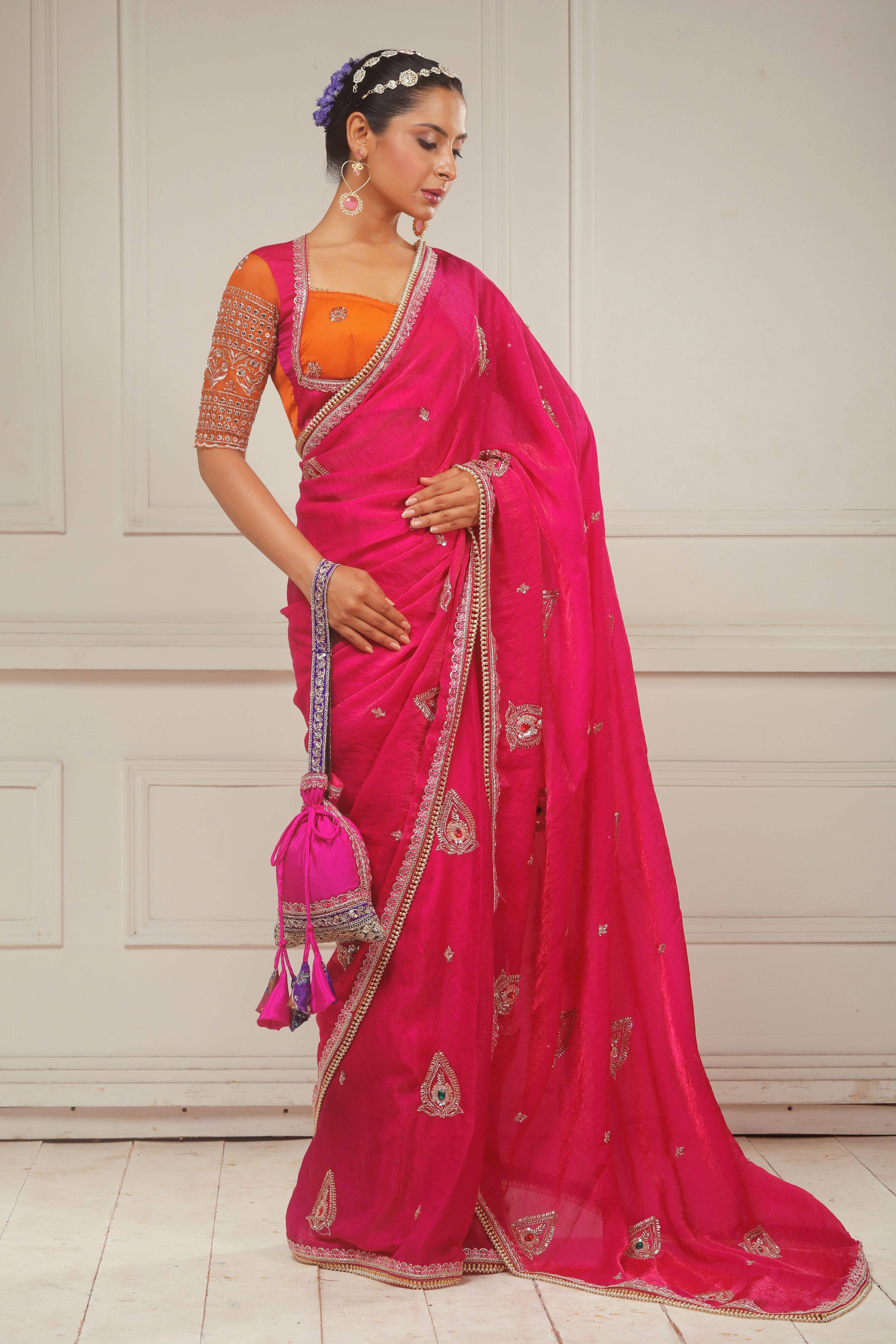 RANGREZ RANI SAREE WITH GOLD TANGERINE POETRY BLOUSE