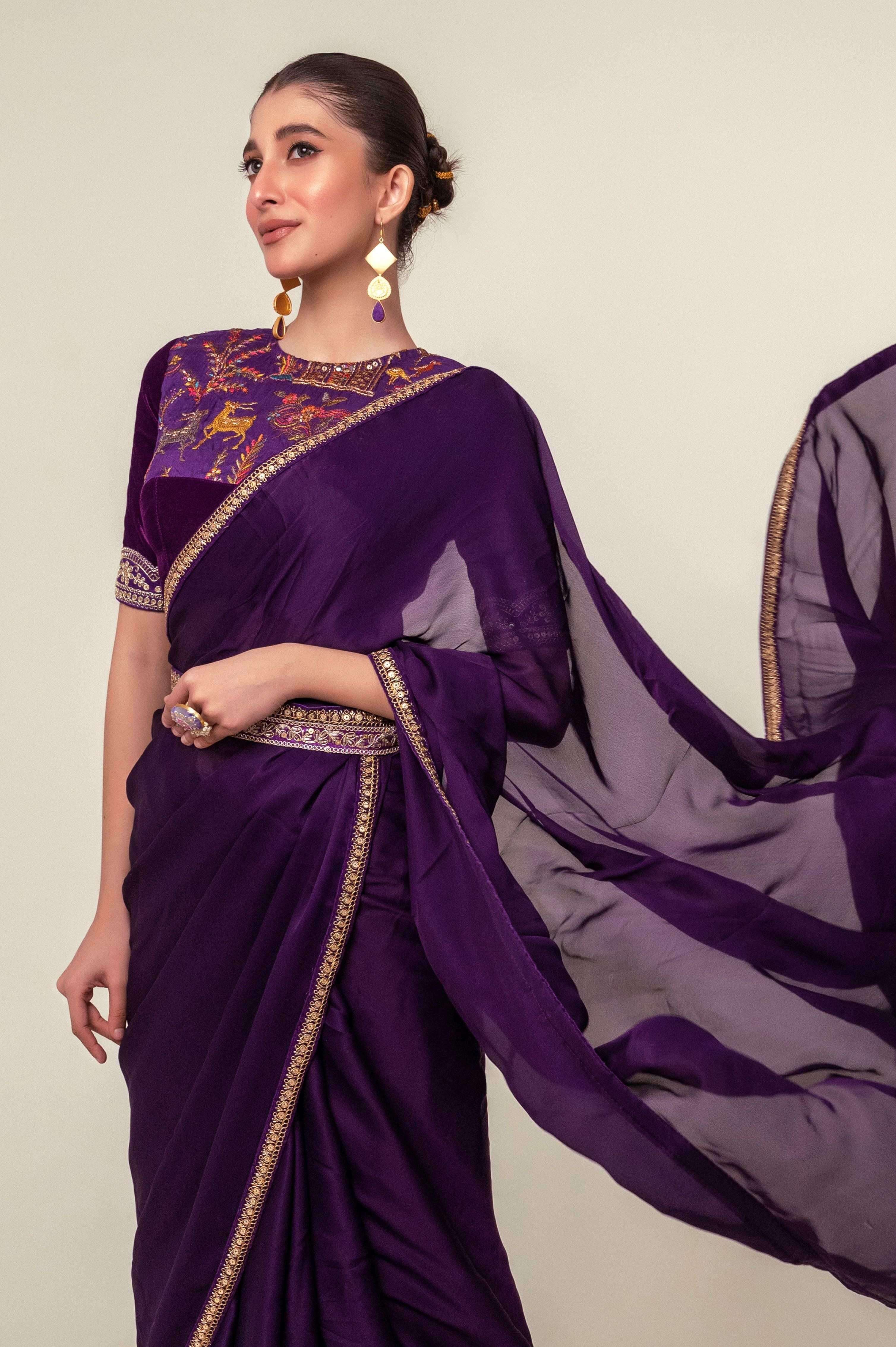 BOLD BLOOM SAREE WITH ROYAL HAZE BLOUSE.