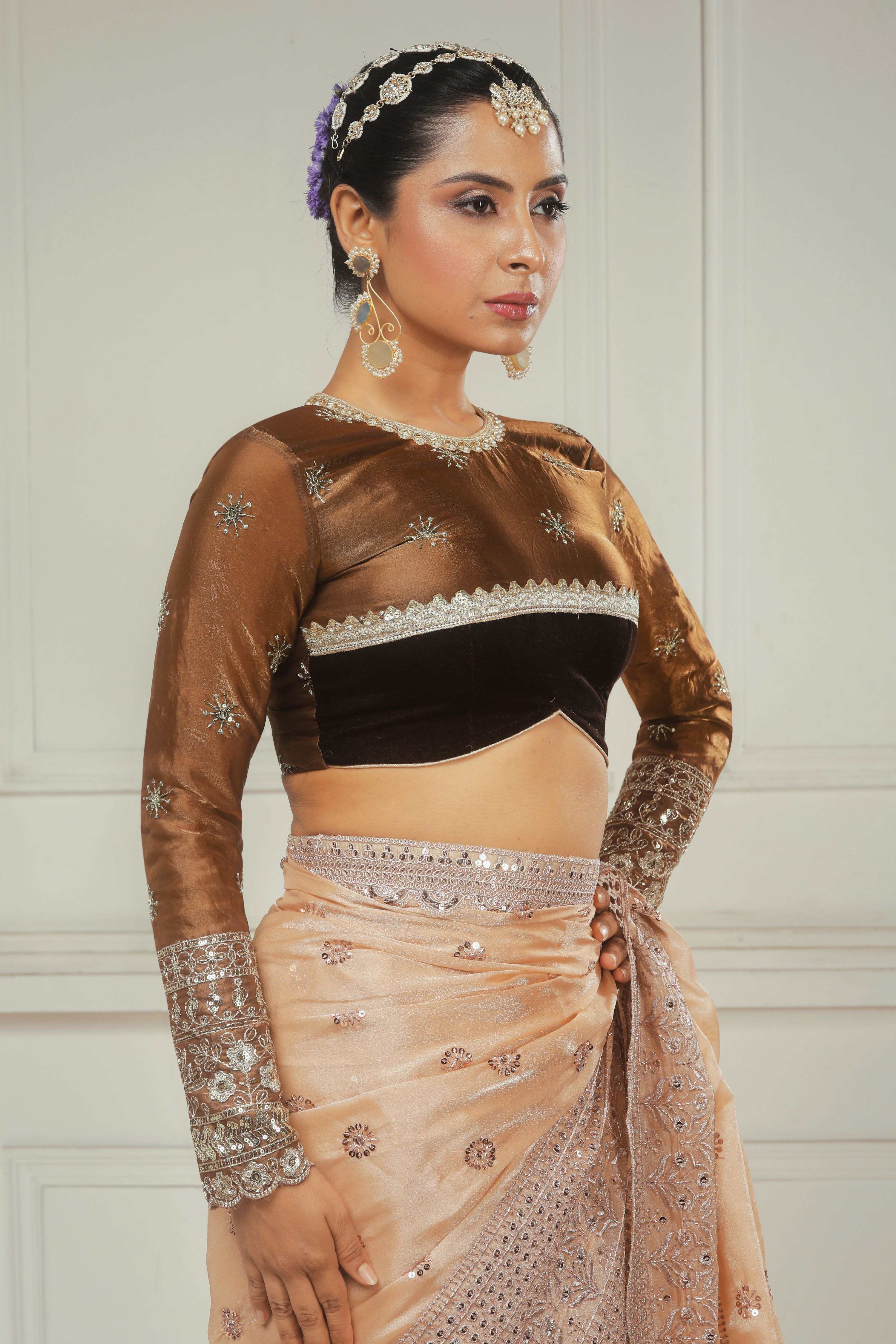 OLD GOLD POETRY SAREE WITH COCOA WILDFLOWER BLOUSE