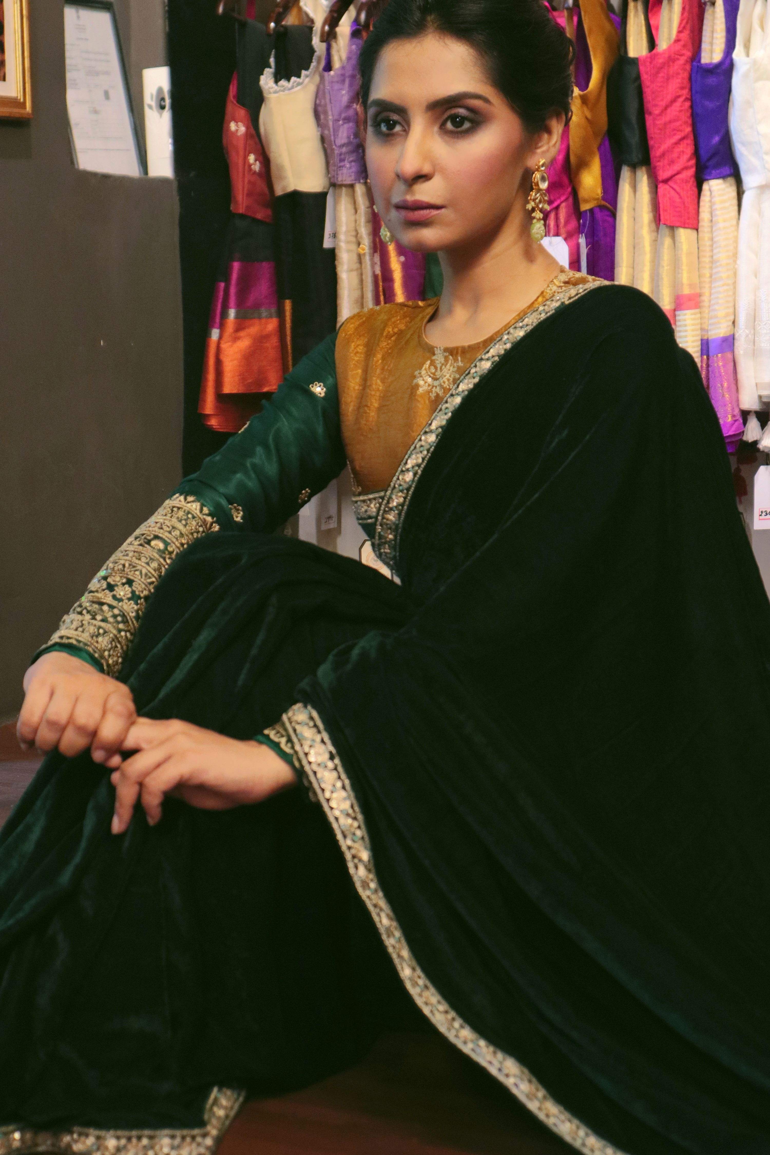 EMERALD ECHO SAREE WITH ANTIQUE APPEAL BLOUSE