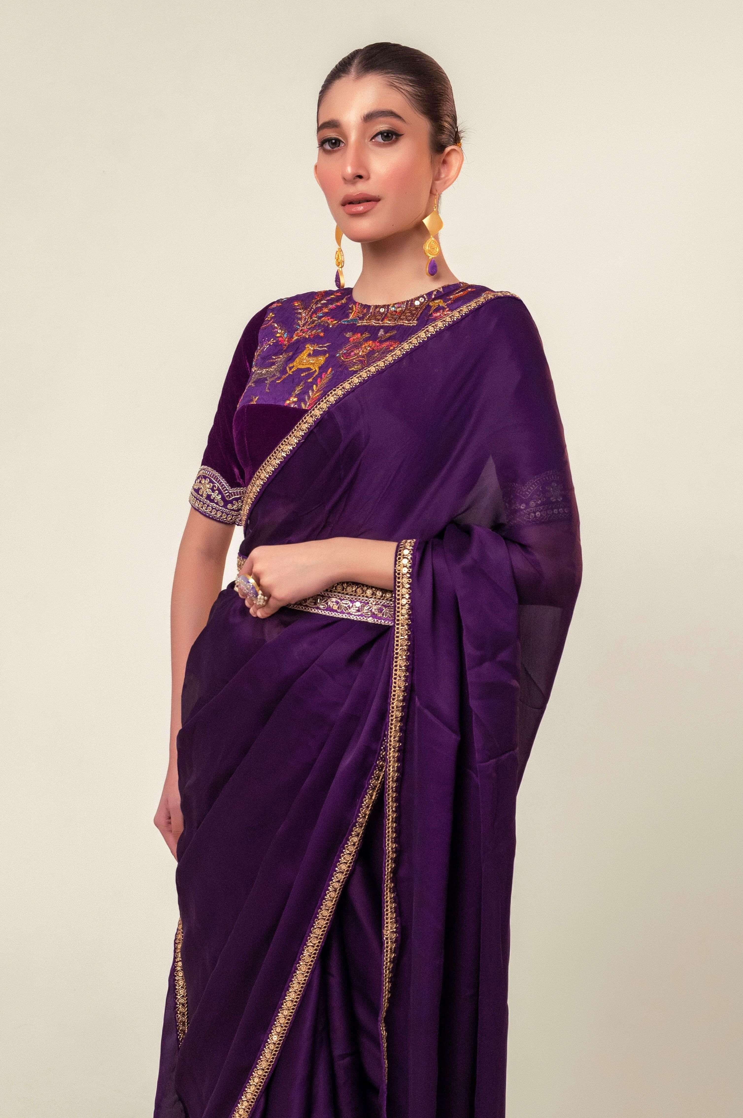 BOLD BLOOM SAREE WITH ROYAL HAZE BLOUSE.