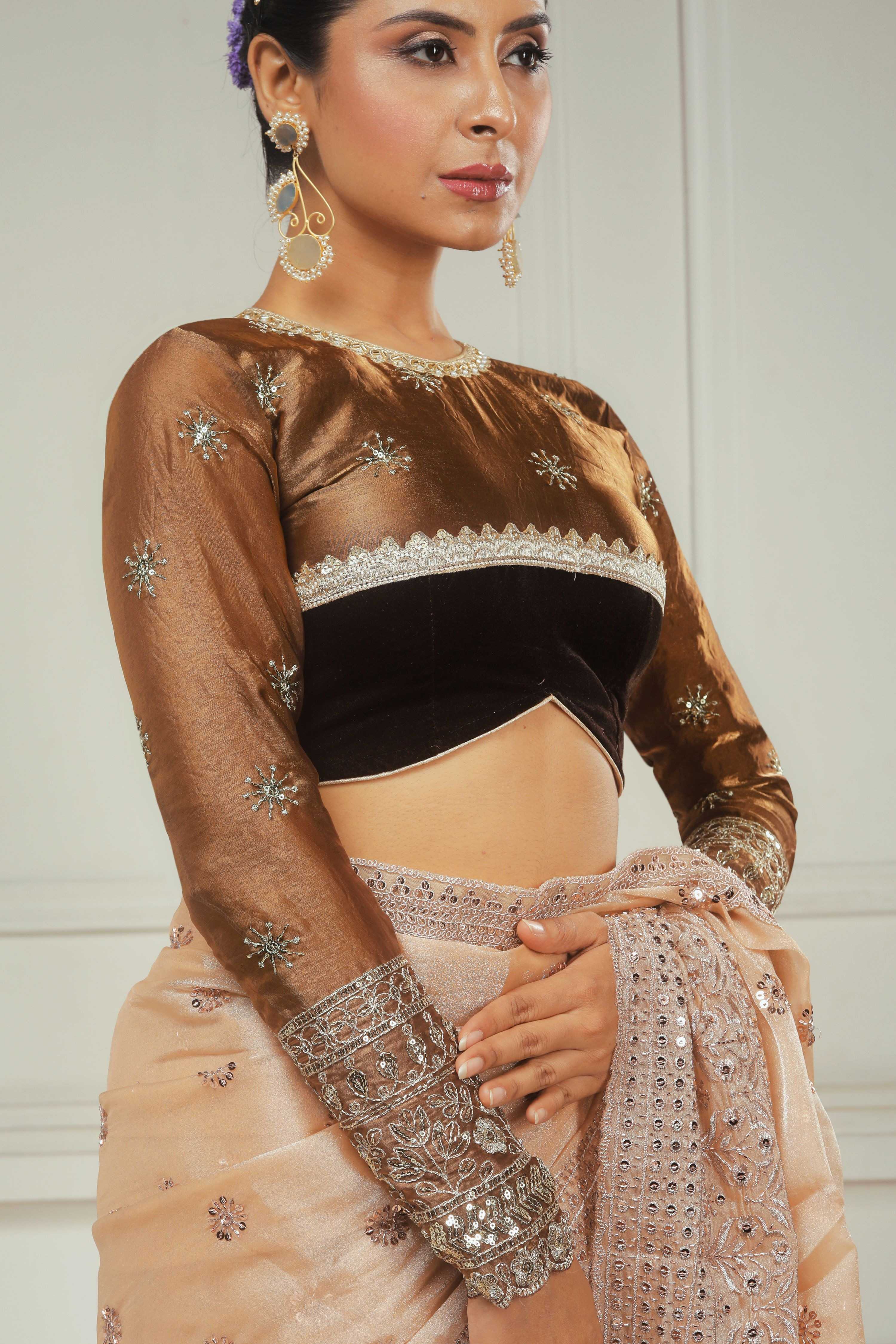 OLD GOLD POETRY SAREE WITH COCOA WILDFLOWER BLOUSE