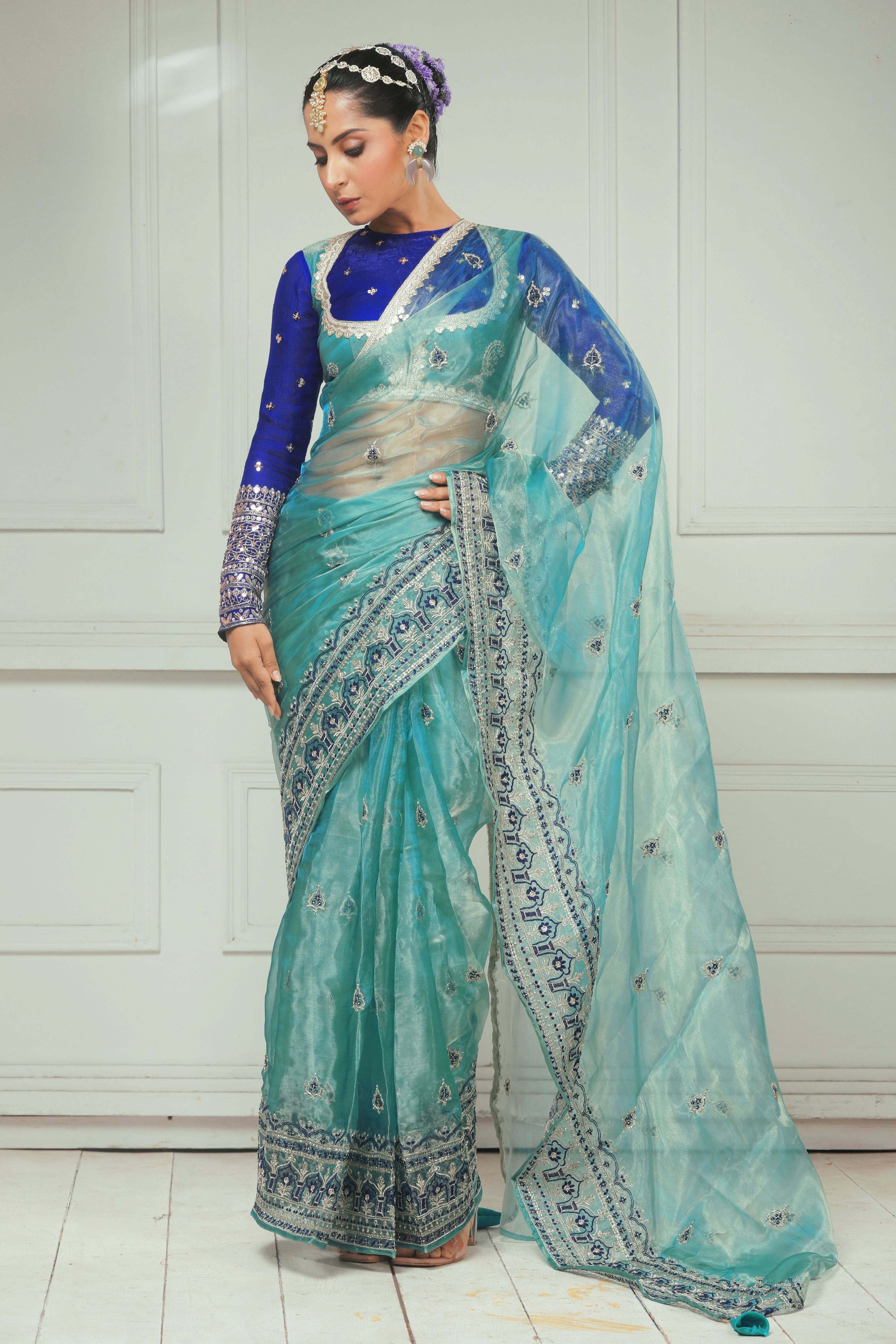 SAPPHIRE SHEESH SAREE WITH RAVISH REIGN CLASSIC BLOUSE