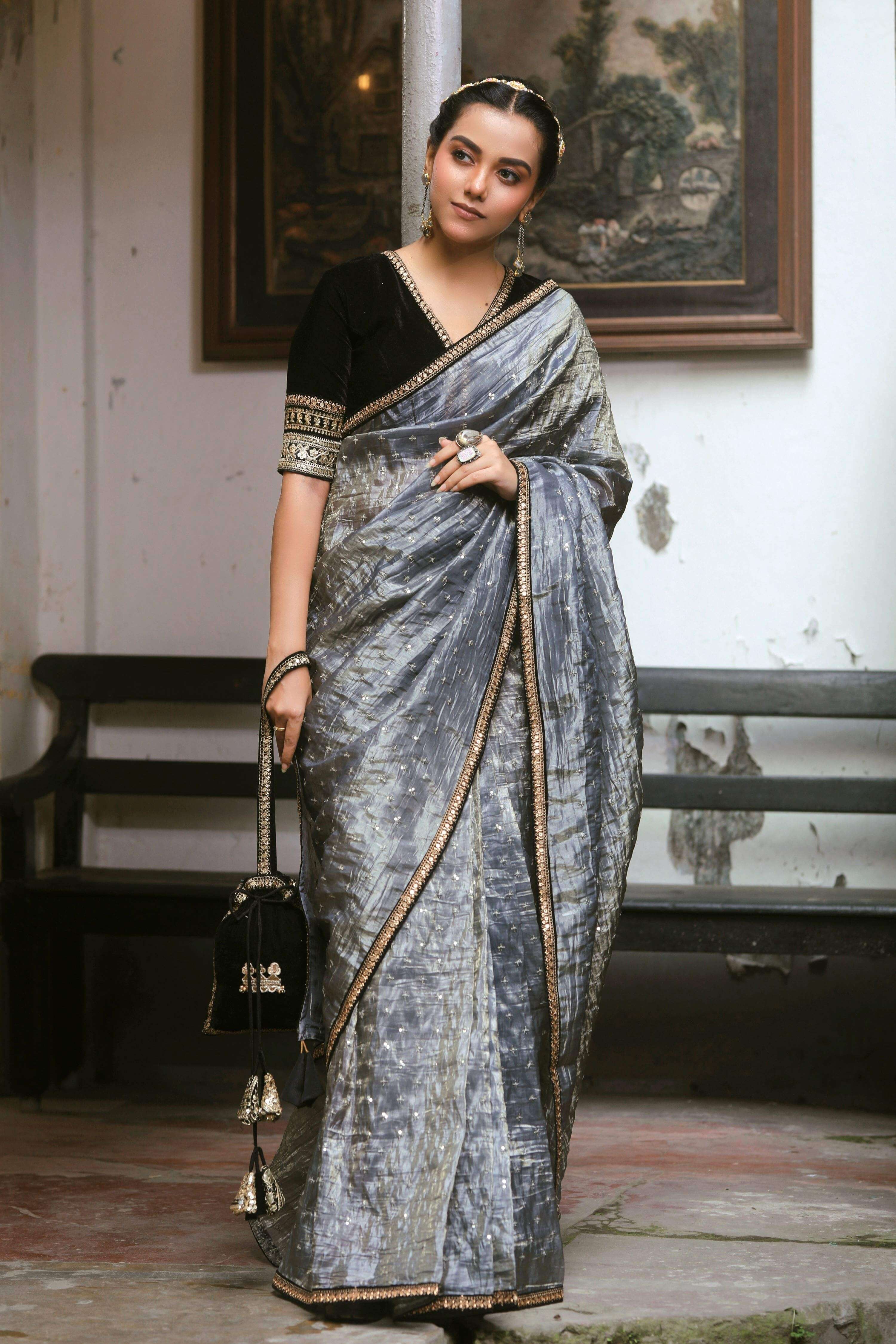 GRAPHITE GLAM SAREE WITH BLACK BEAUTY BLOUSE