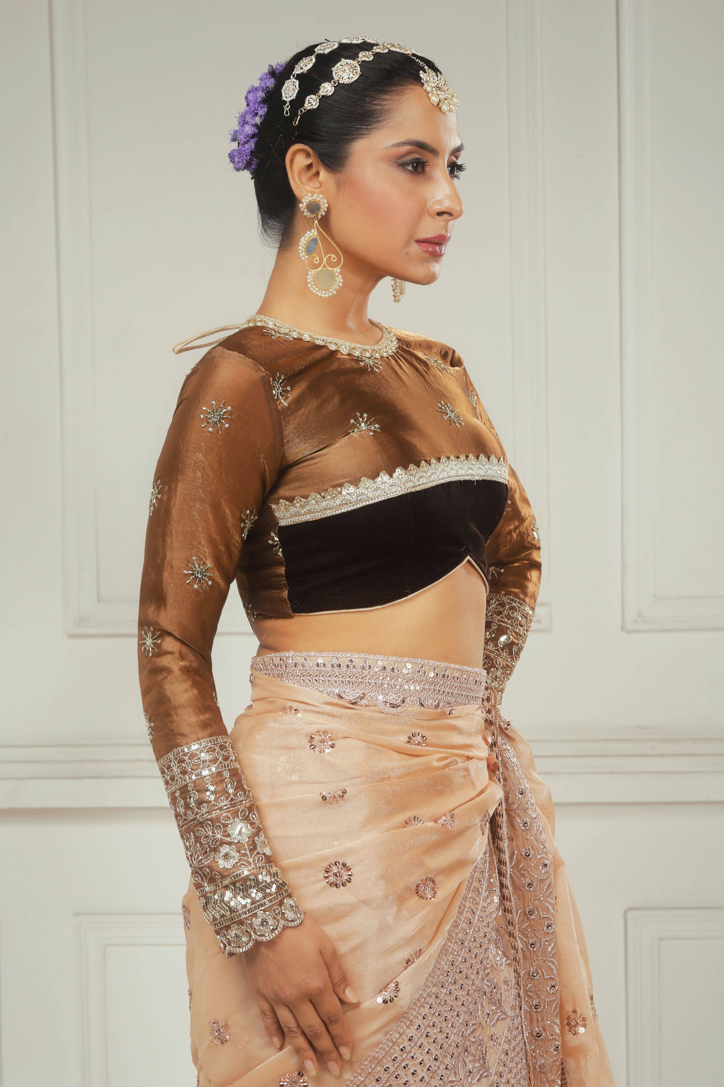 OLD GOLD POETRY SAREE WITH COCOA WILDFLOWER BLOUSE