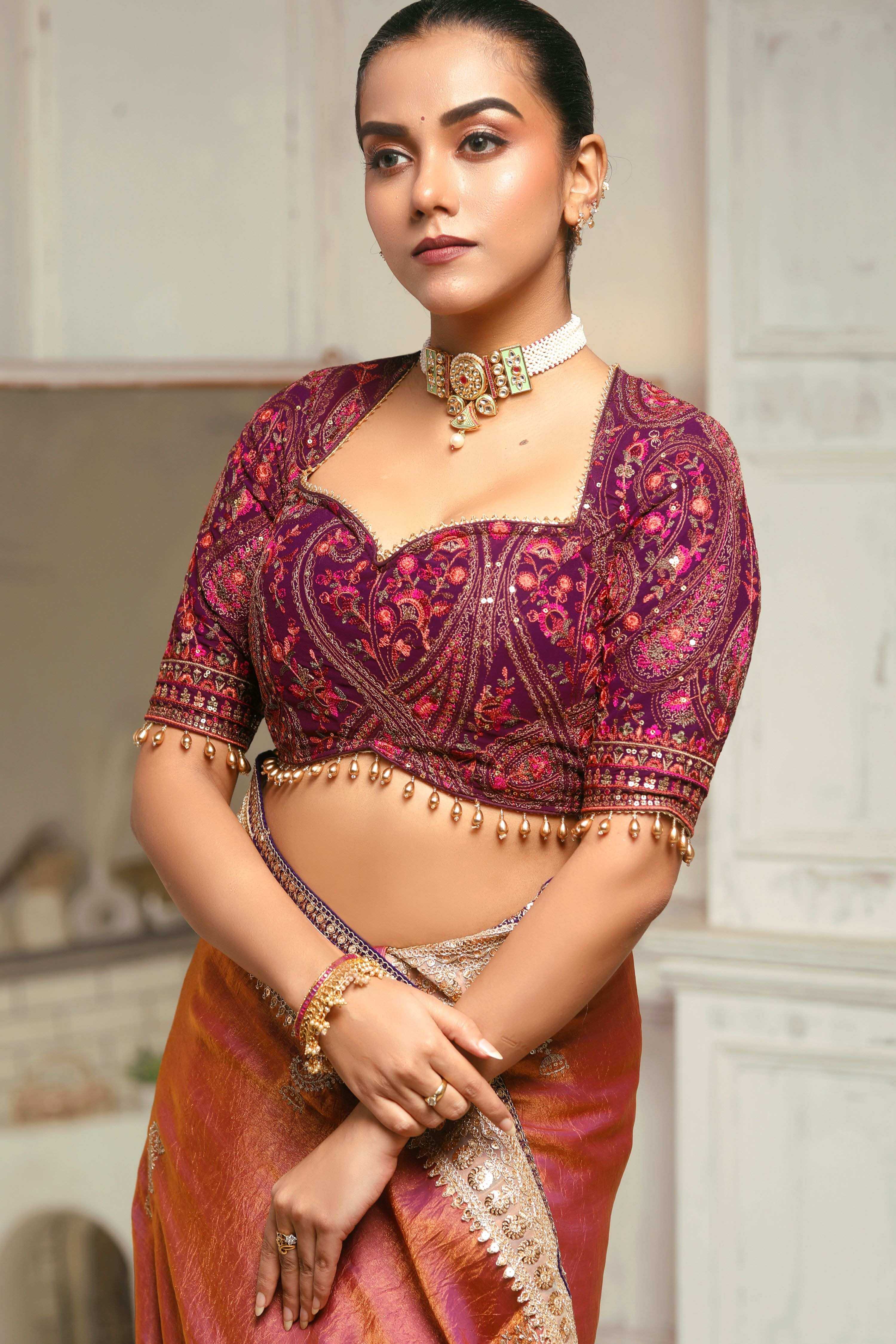 CORAL CRUSH SAREE WITH CHAHAT-E-GEHRA BLOUSE