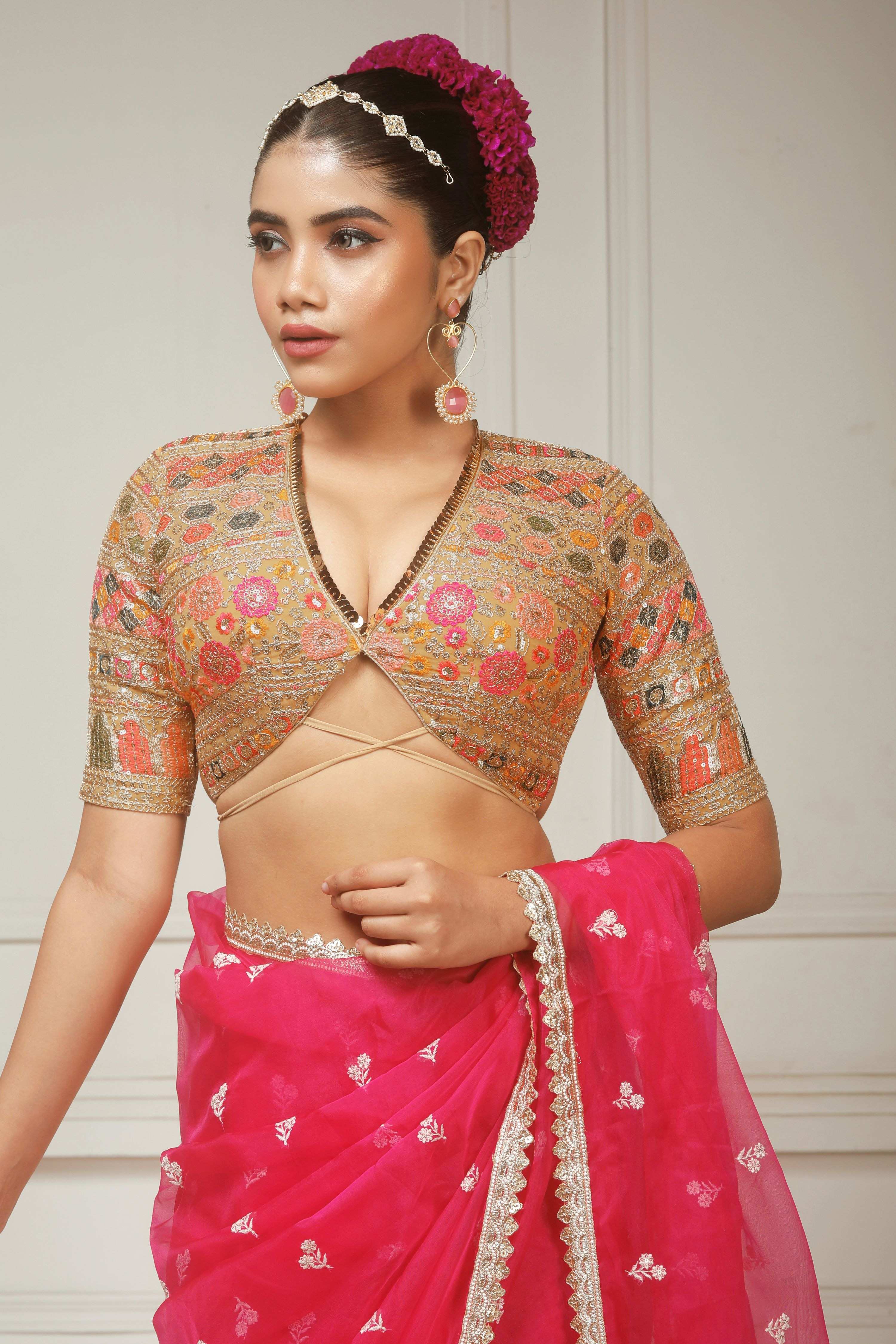FUCHSIA FLAME SAREE WITH GLIDED GODDESS BLOUSE