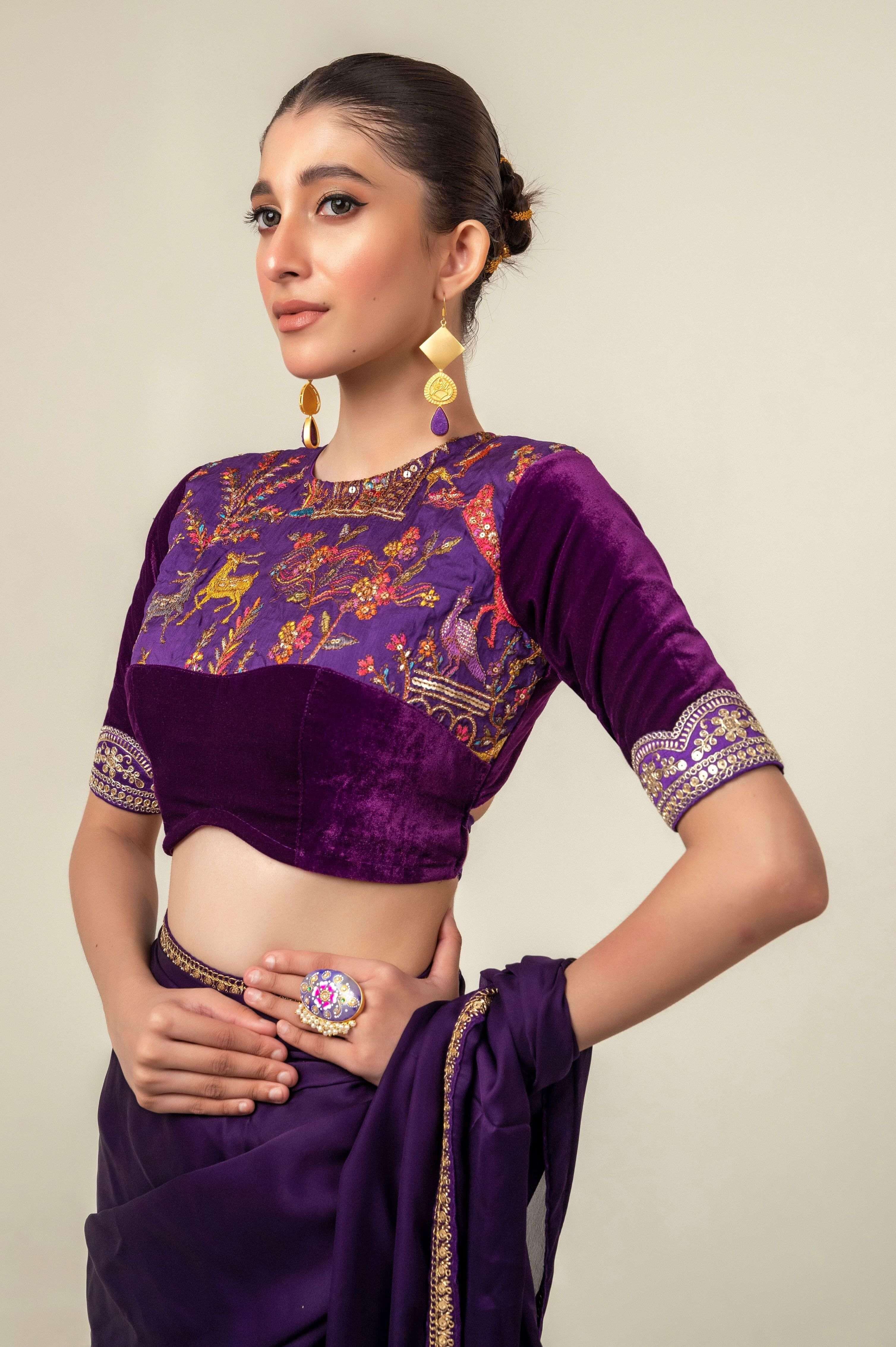 BOLD BLOOM SAREE WITH ROYAL HAZE BLOUSE.