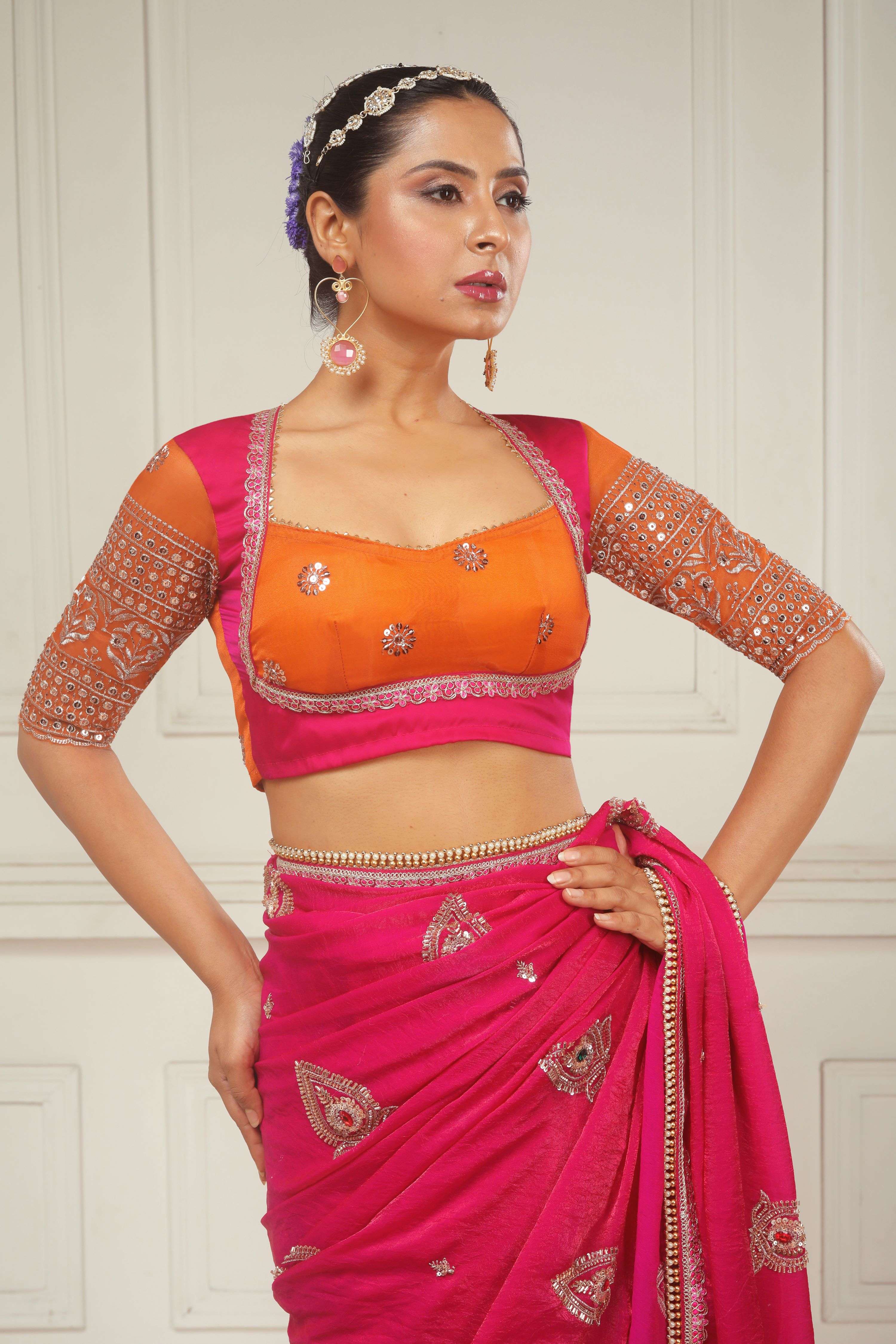 RANGREZ RANI SAREE WITH GOLD TANGERINE POETRY BLOUSE