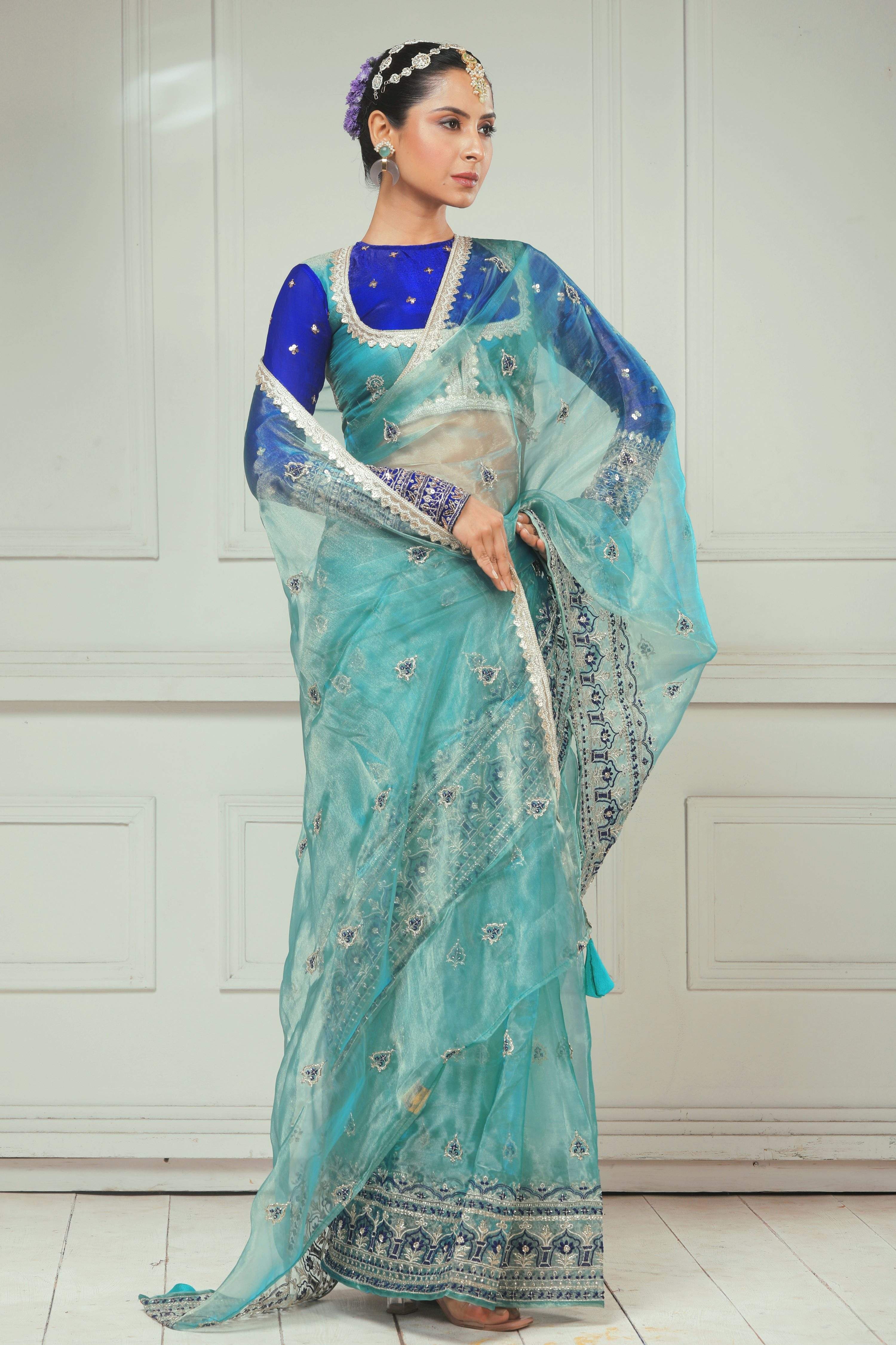 SAPPHIRE SHEESH SAREE WITH RAVISH REIGN CLASSIC BLOUSE