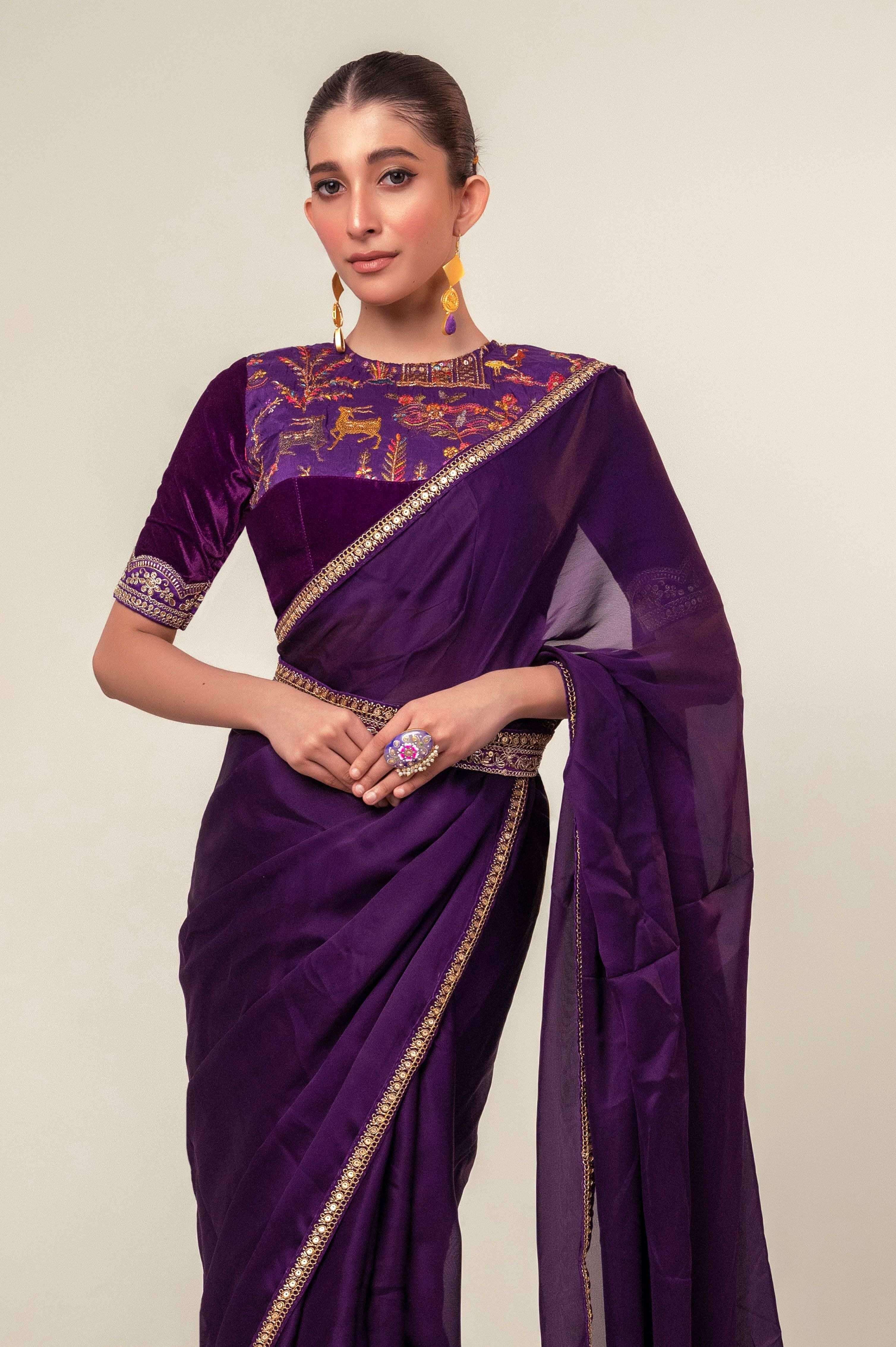 BOLD BLOOM SAREE WITH ROYAL HAZE BLOUSE.
