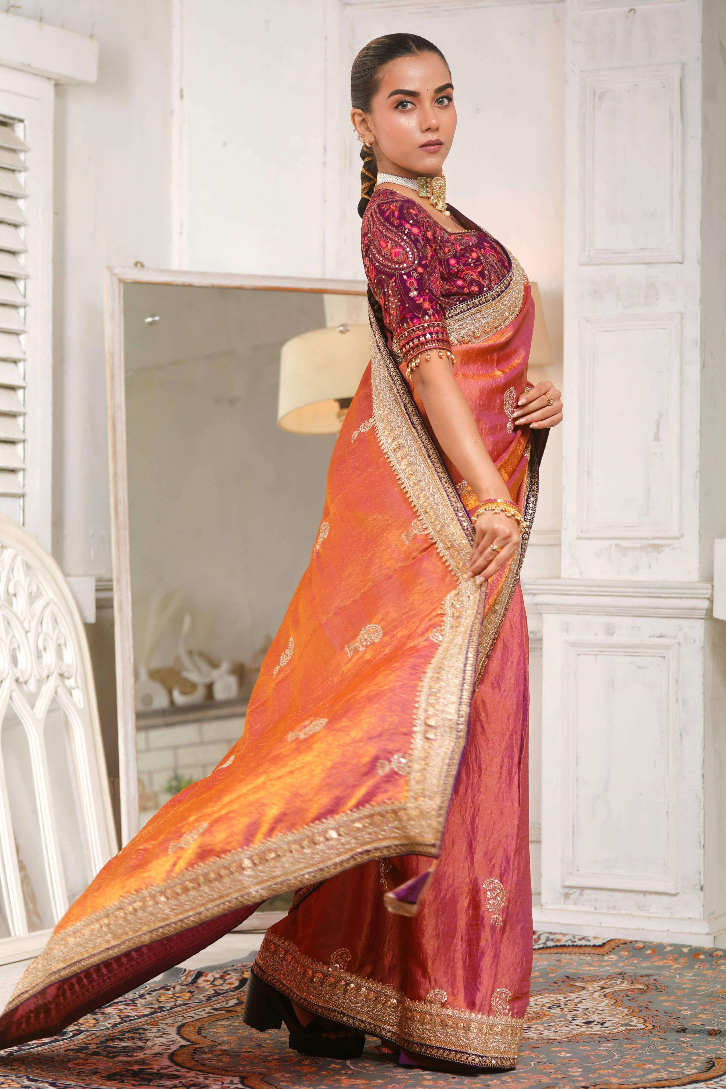 CORAL CRUSH SAREE WITH CHAHAT-E-GEHRA BLOUSE