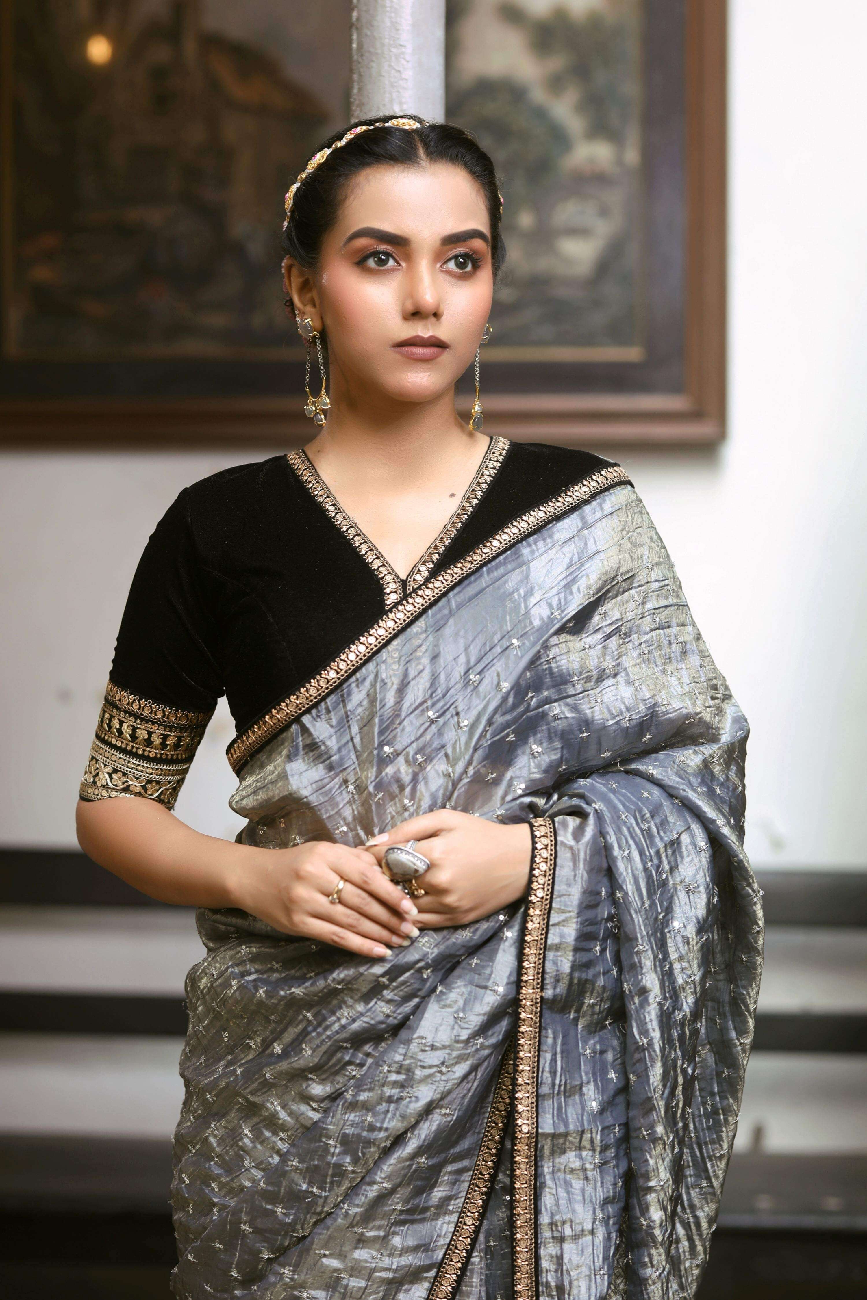 GRAPHITE GLAM SAREE WITH BLACK BEAUTY BLOUSE